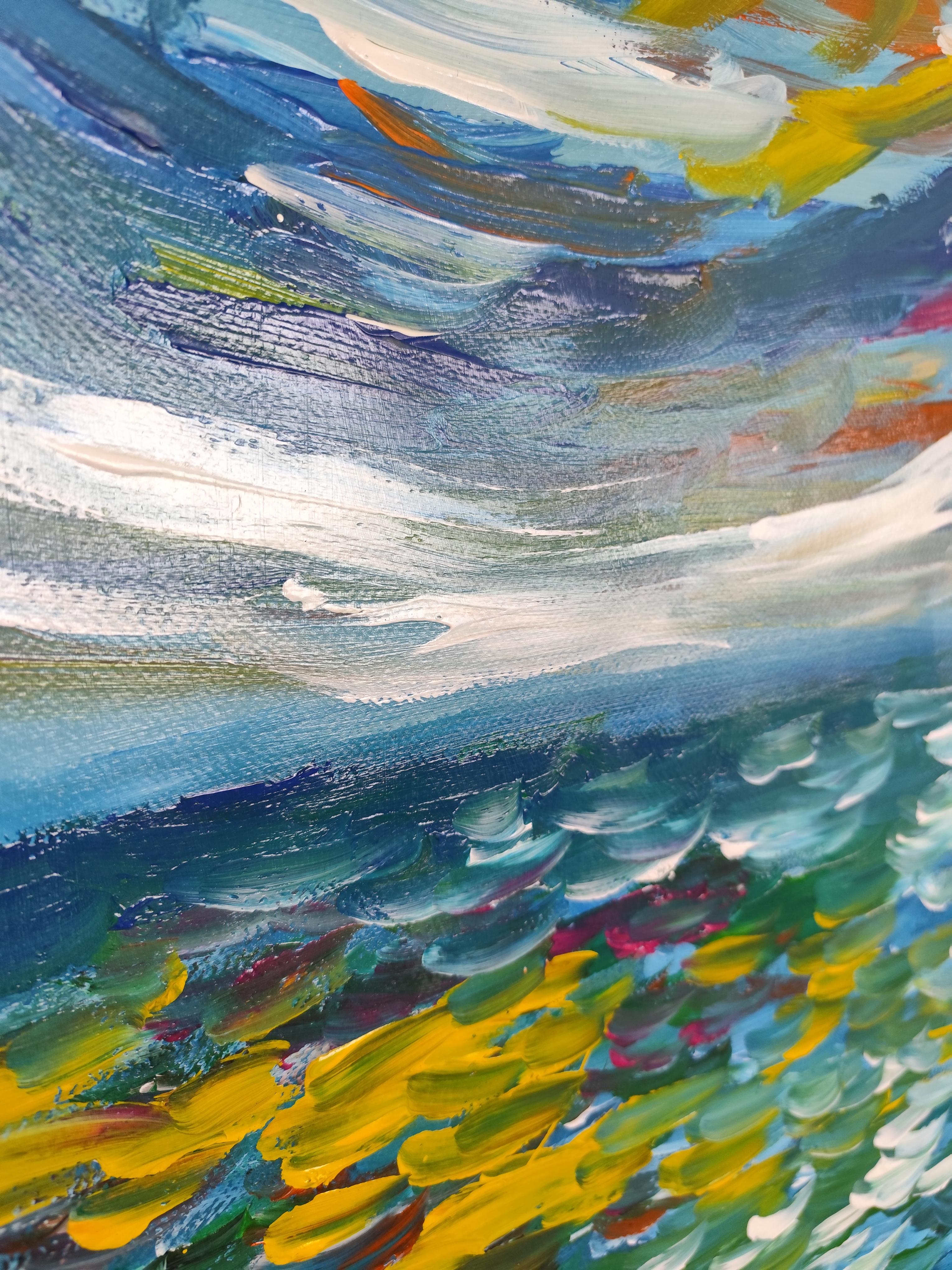 Paysage marin expressif et contemporain, vagues de l'océan, peinture acrylique sur toile.  papier en vente 6
