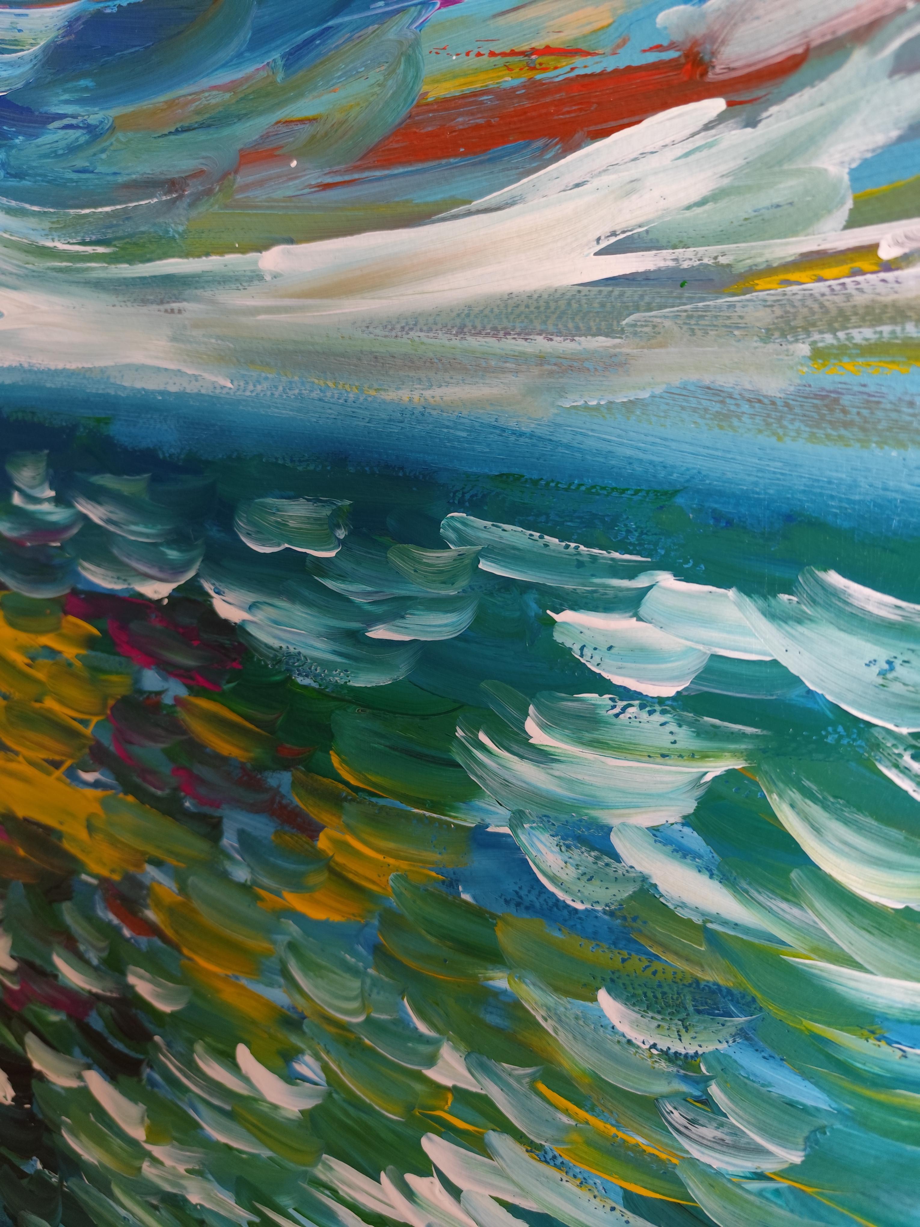 Paysage marin expressif et contemporain, vagues de l'océan, peinture acrylique sur toile.  papier en vente 8