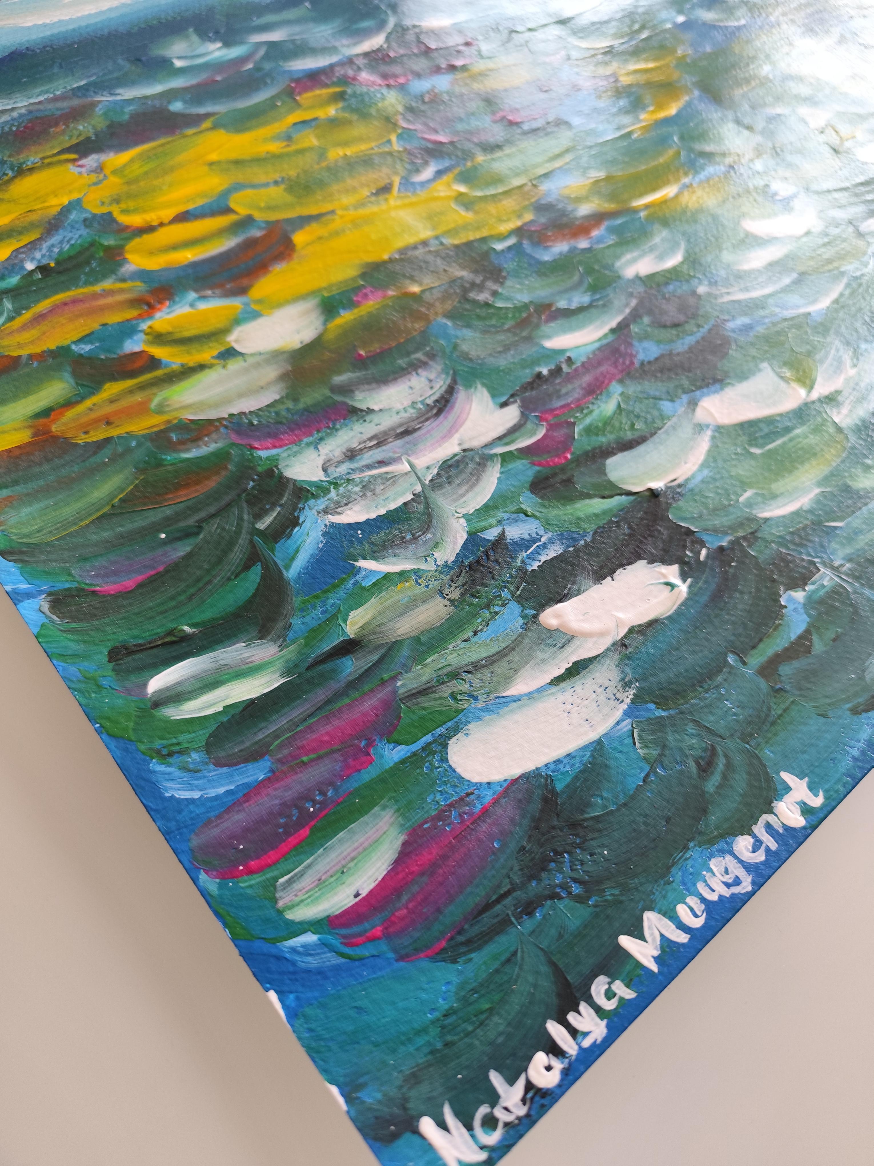 Paysage marin expressif et contemporain, vagues de l'océan, peinture acrylique sur toile.  papier - Painting de Mougenot Natalya
