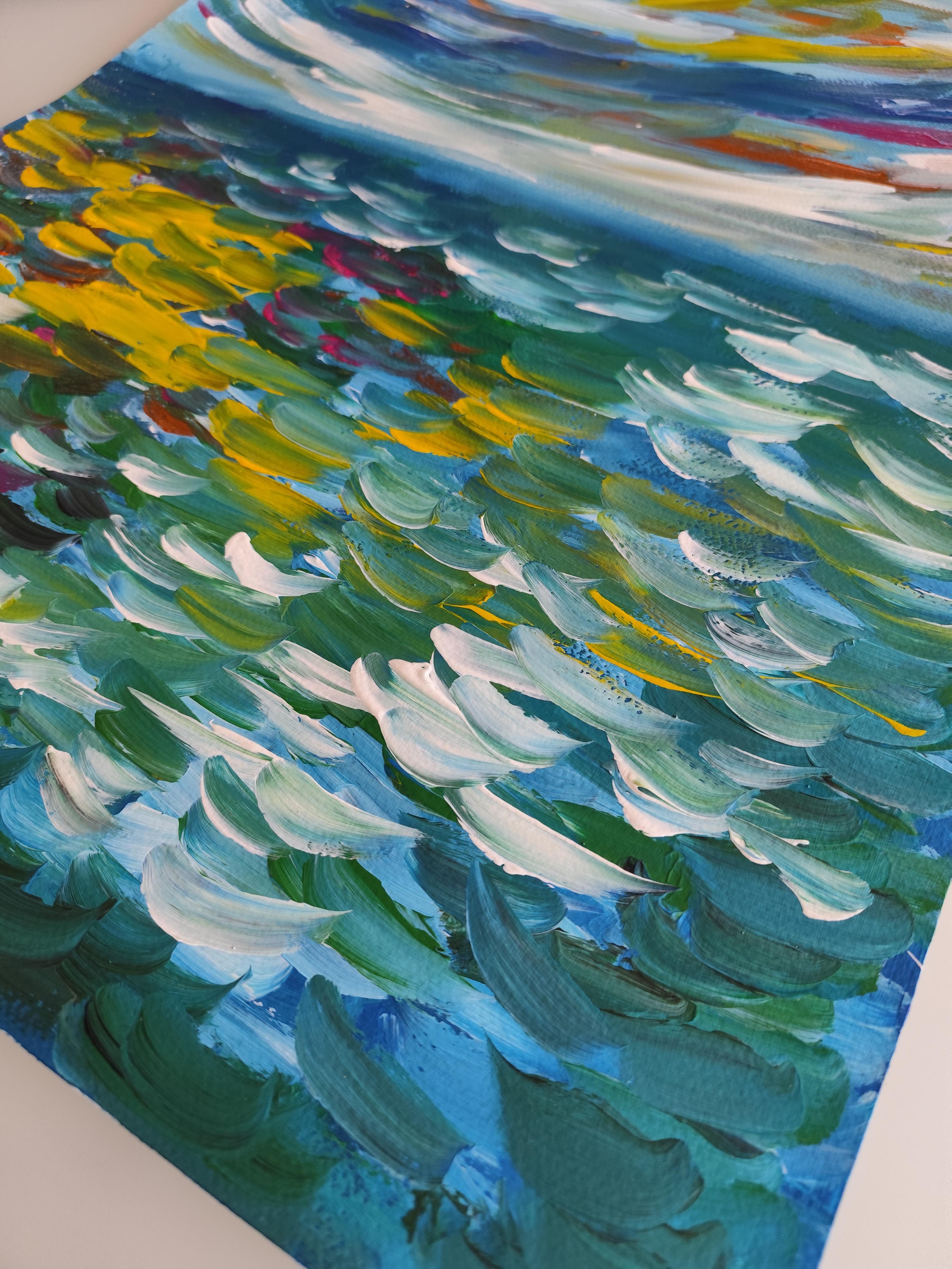 Paysage marin expressif et contemporain, vagues de l'océan, peinture acrylique sur toile.  papier - Impressionnisme abstrait Painting par Mougenot Natalya