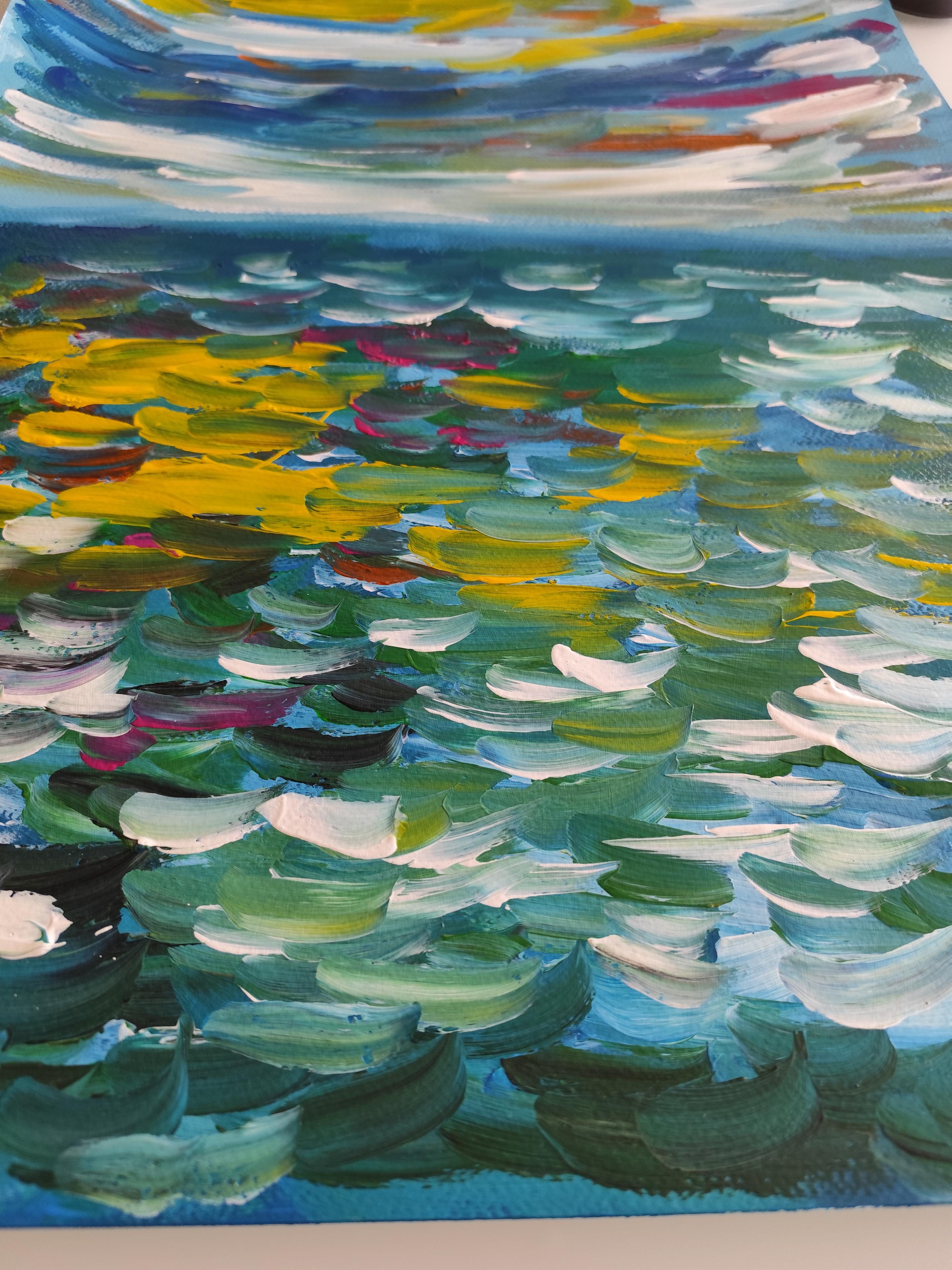 Paysage marin expressif et contemporain, vagues de l'océan, peinture acrylique sur toile.  papier - Bleu Abstract Painting par Mougenot Natalya