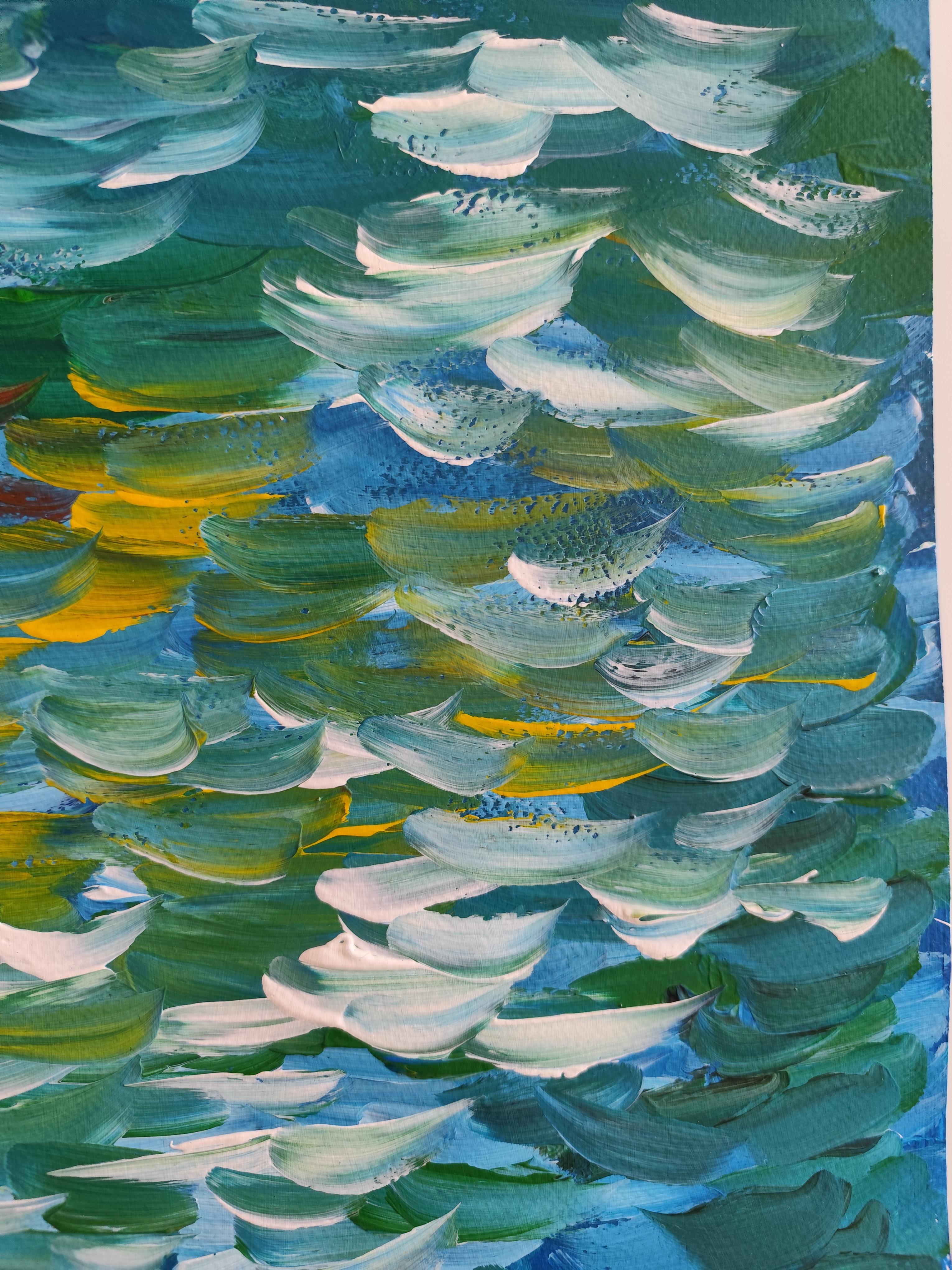 Paysage marin expressif et contemporain, vagues de l'océan, peinture acrylique sur toile.  papier en vente 1