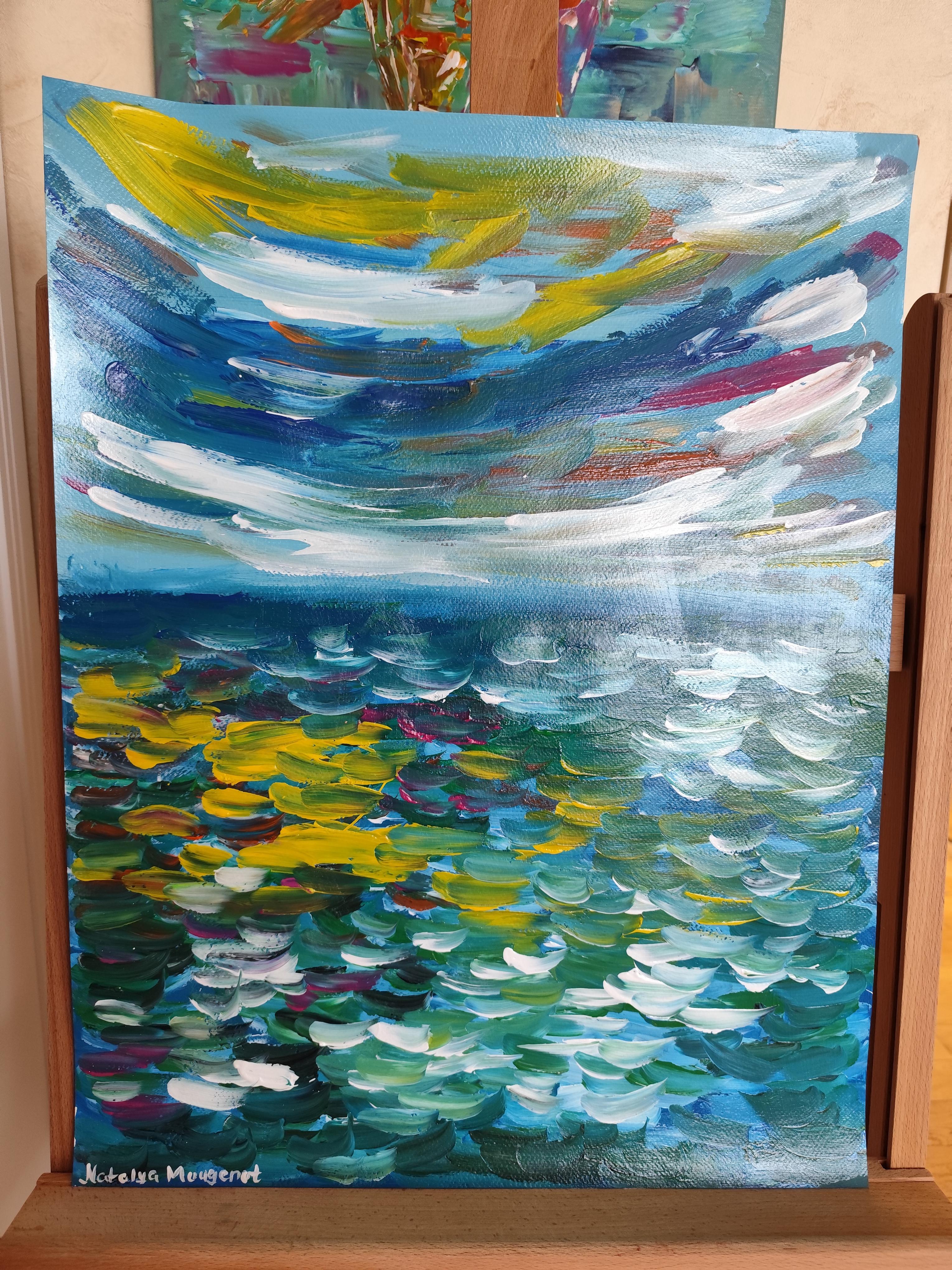 Paysage marin expressif et contemporain, vagues de l'océan, peinture acrylique sur toile.  papier en vente 4