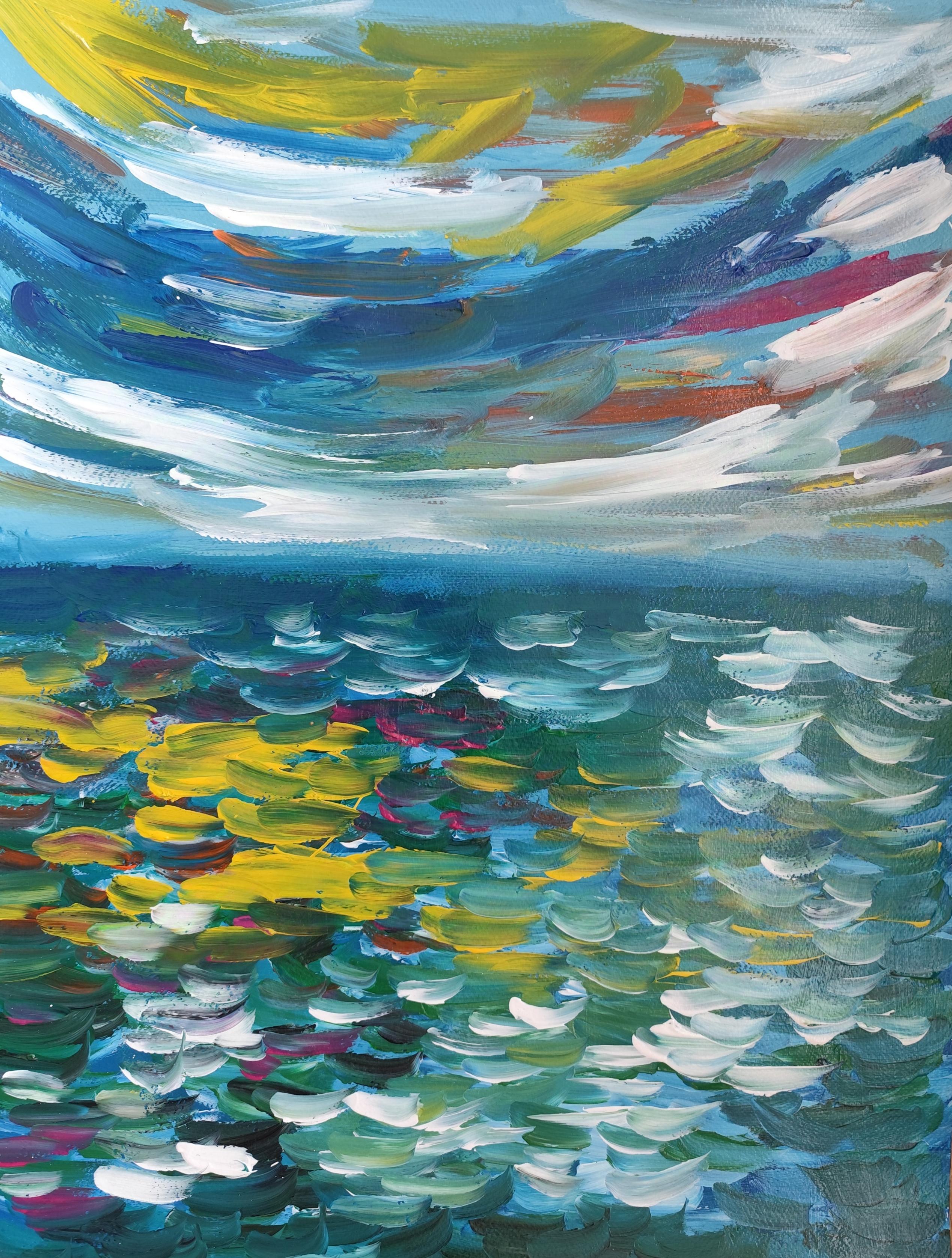 Abstract Painting Mougenot Natalya - Paysage marin expressif et contemporain, vagues de l'océan, peinture acrylique sur toile.  papier