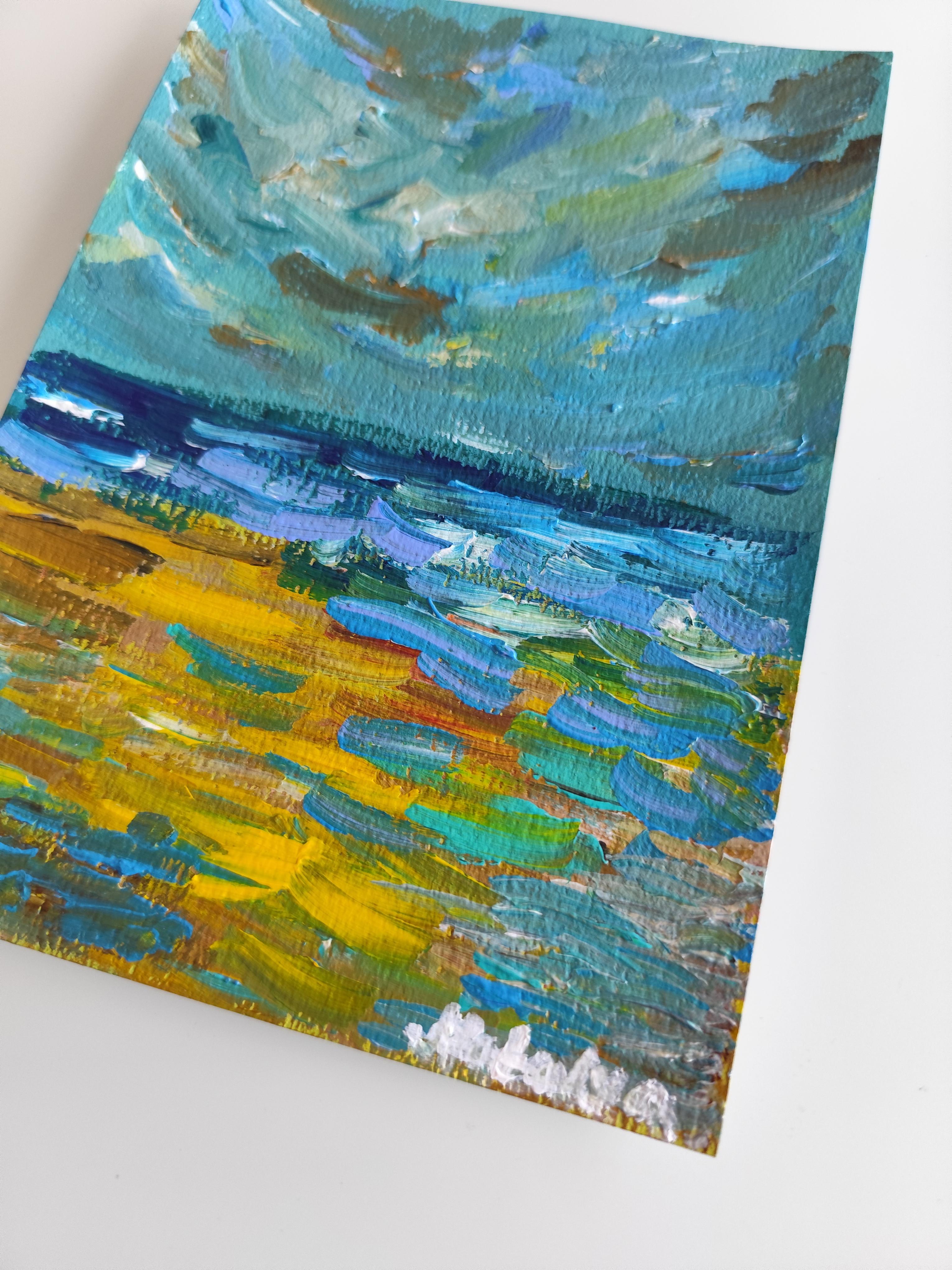 Peinture acrylique contemporaine sur papier, paysage marin abstrait et impressionniste en vente 5