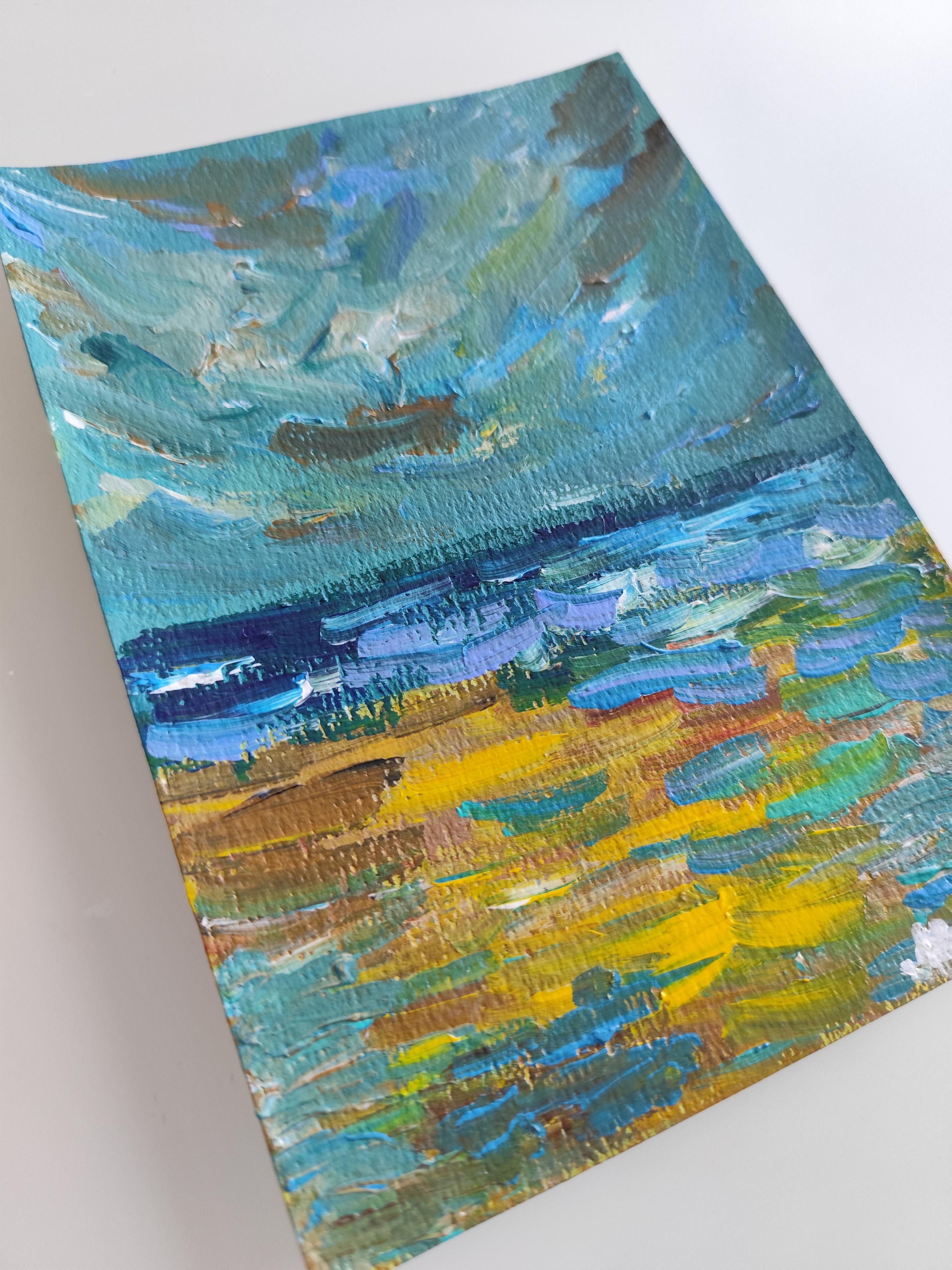 Peinture acrylique contemporaine sur papier, paysage marin abstrait et impressionniste en vente 6