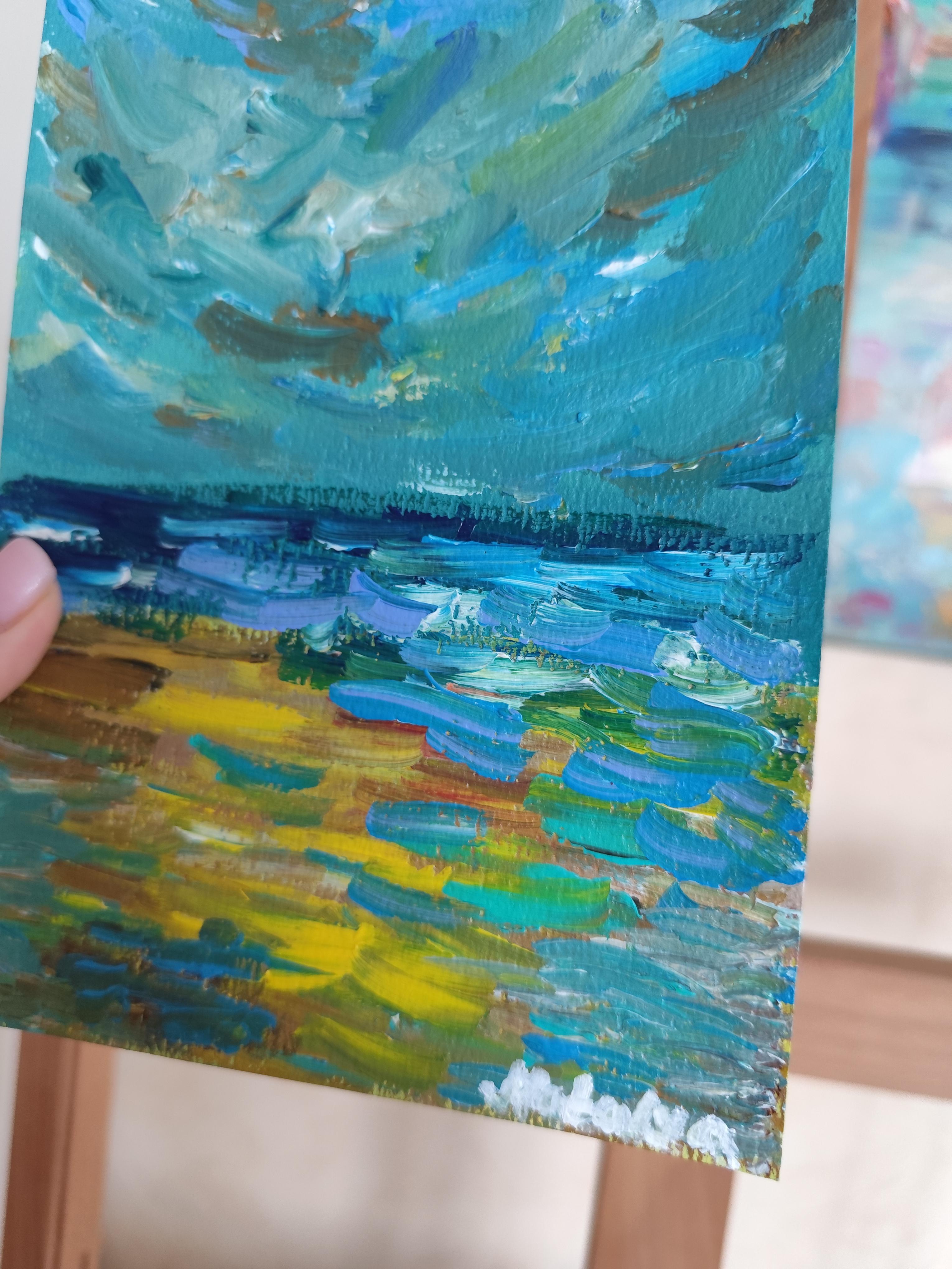 Peinture acrylique contemporaine sur papier, paysage marin abstrait et impressionniste en vente 11