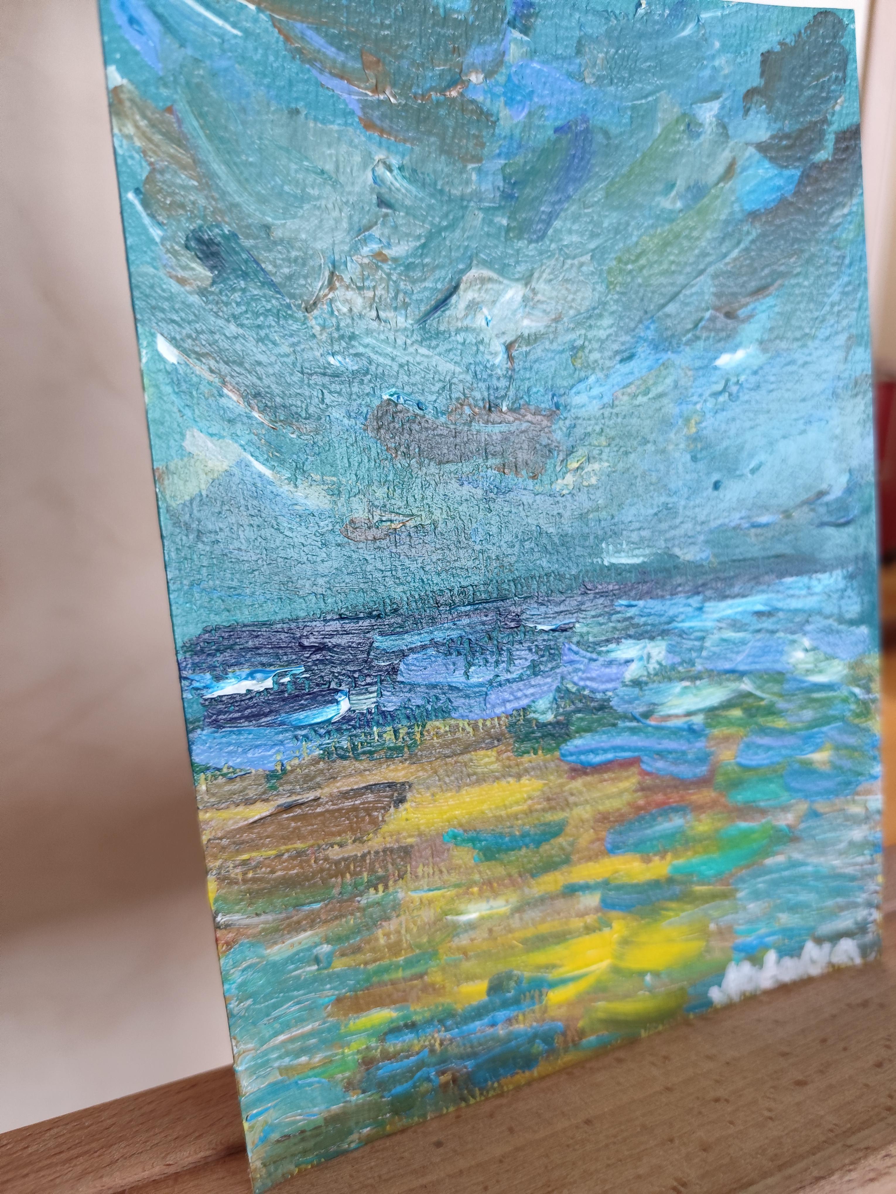 Peinture acrylique contemporaine sur papier, paysage marin abstrait et impressionniste en vente 14