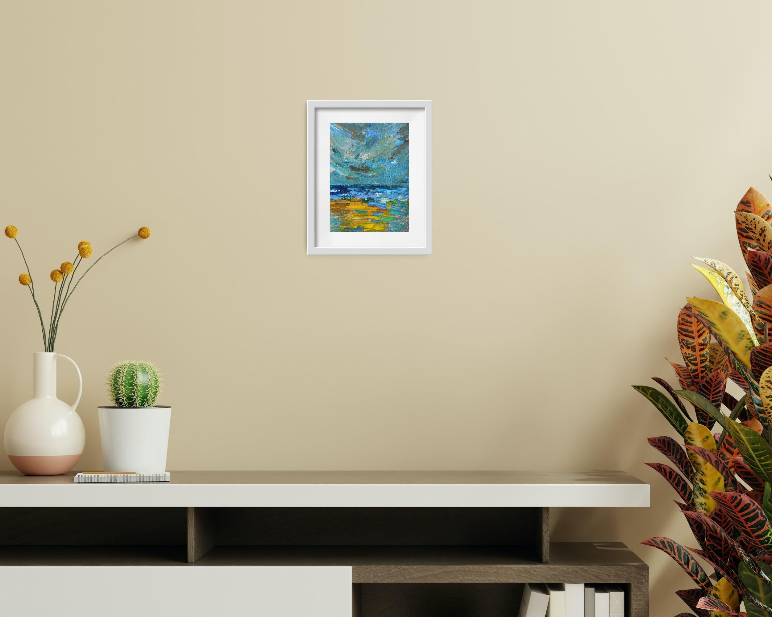 Peinture acrylique contemporaine sur papier, paysage marin abstrait et impressionniste - Painting de Mougenot Natalya