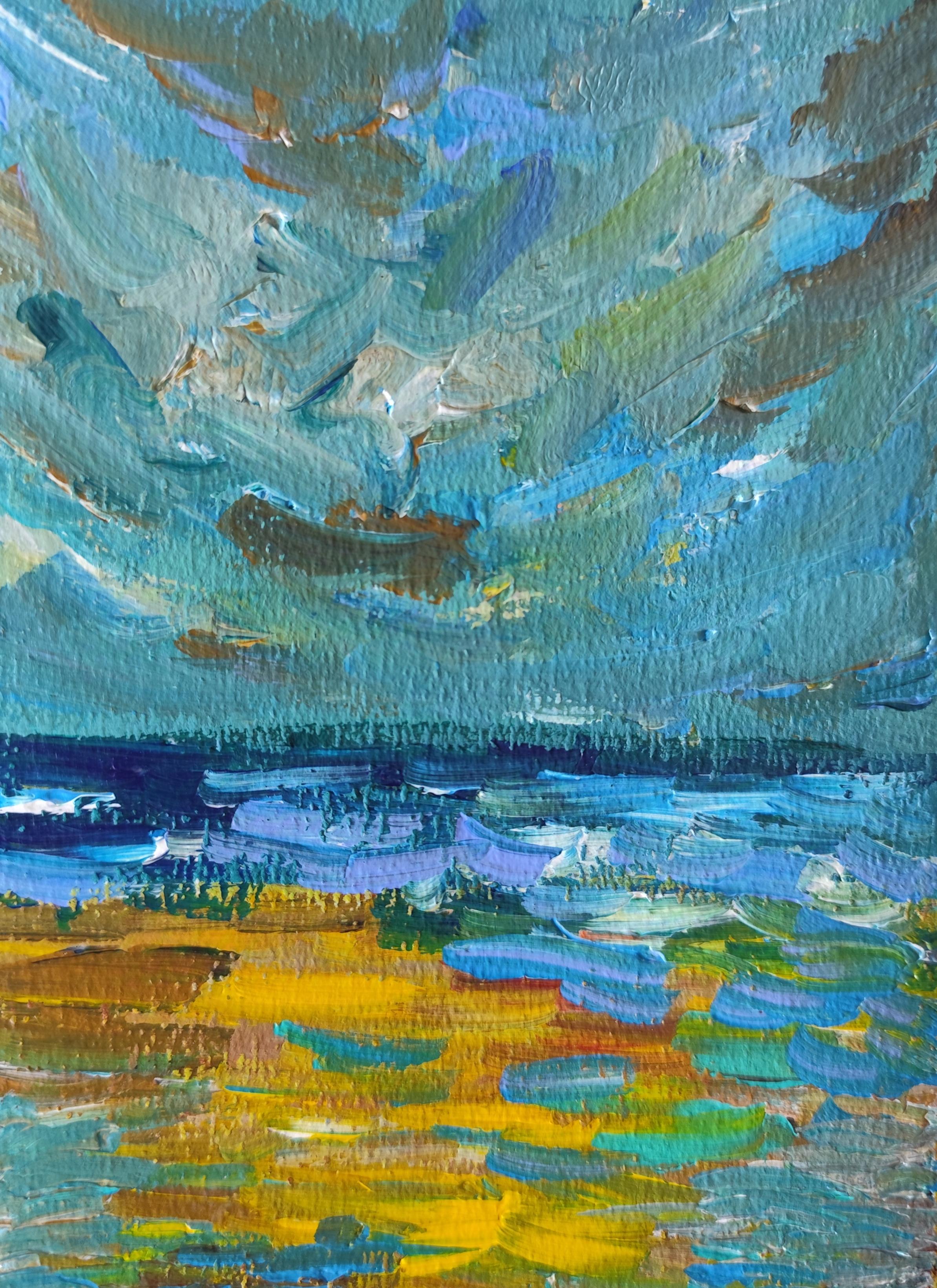 Contemporary abstract impressionist seascape seaside acrylic painting on paper