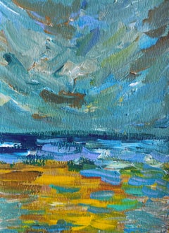 Paisaje marino abstracto impresionista contemporáneo pintura acrílica sobre papel
