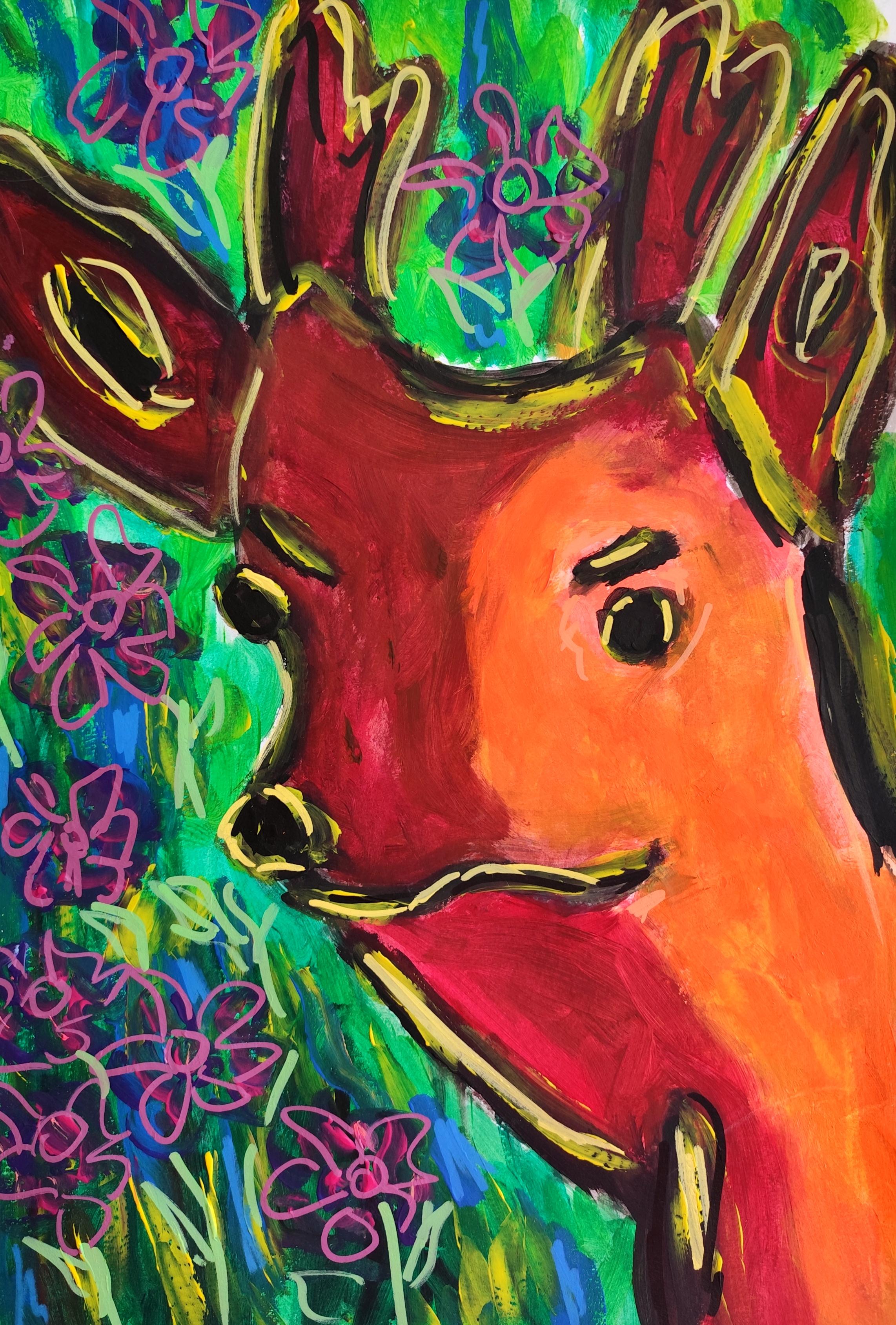 Mougenot Natalya Animal Painting - "Whisper Deer" Contemporary abstract figurative animal doe/fawn/stag portrait