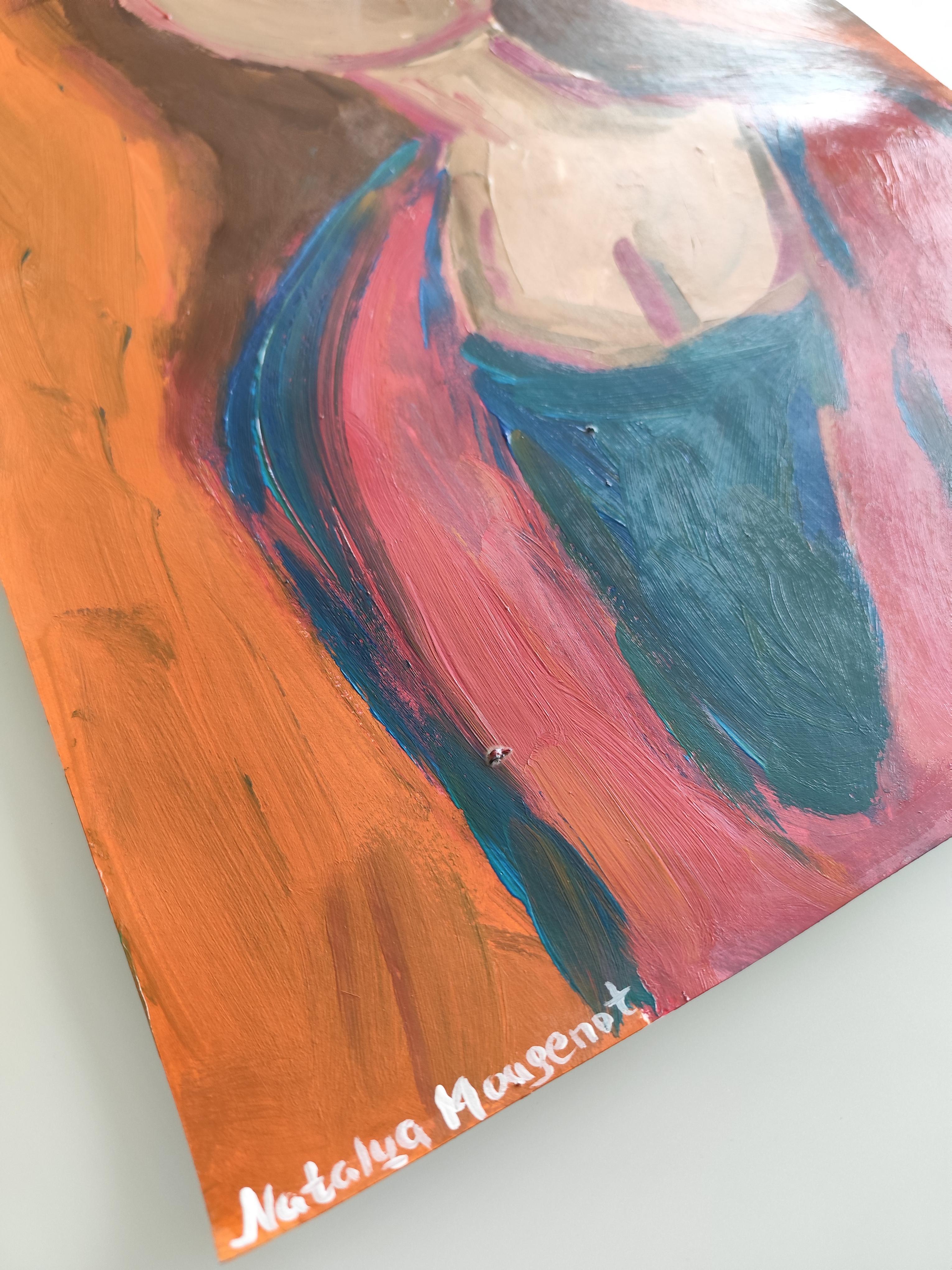 Arte figurativa contemporanea ritratto astratto di donna pittura acrilica su carta - Painting Contemporaneo di Mougenot Natalya
