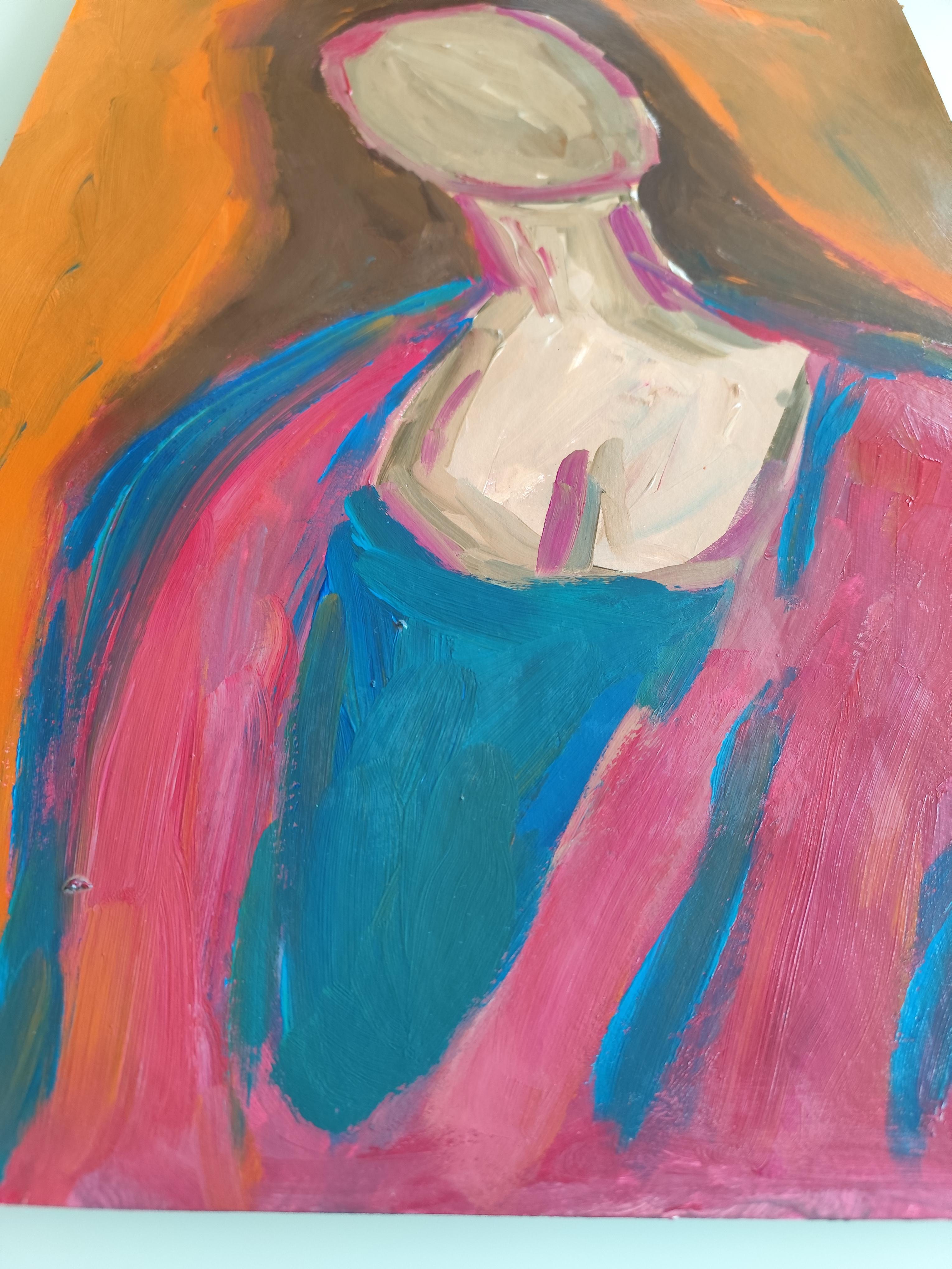 Arte figurativa contemporanea ritratto astratto di donna pittura acrilica su carta - Abstract Painting Arancia di Mougenot Natalya
