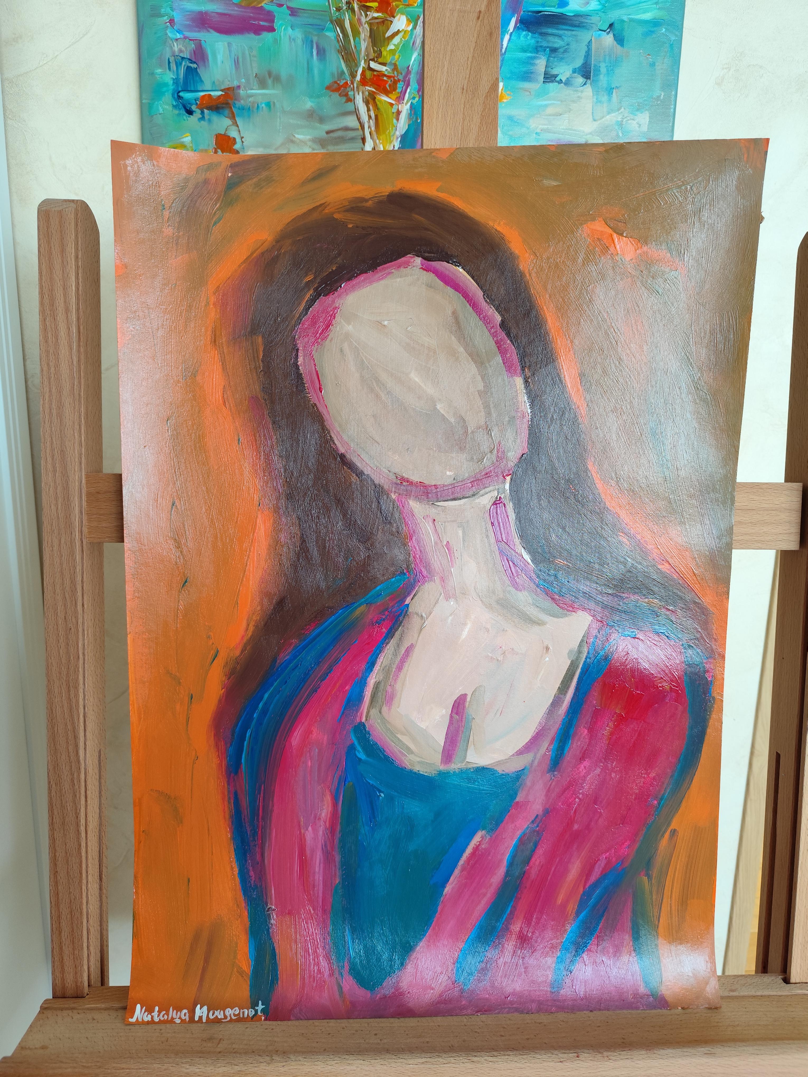 Arte figurativa contemporanea ritratto astratto di donna pittura acrilica su carta in vendita 3