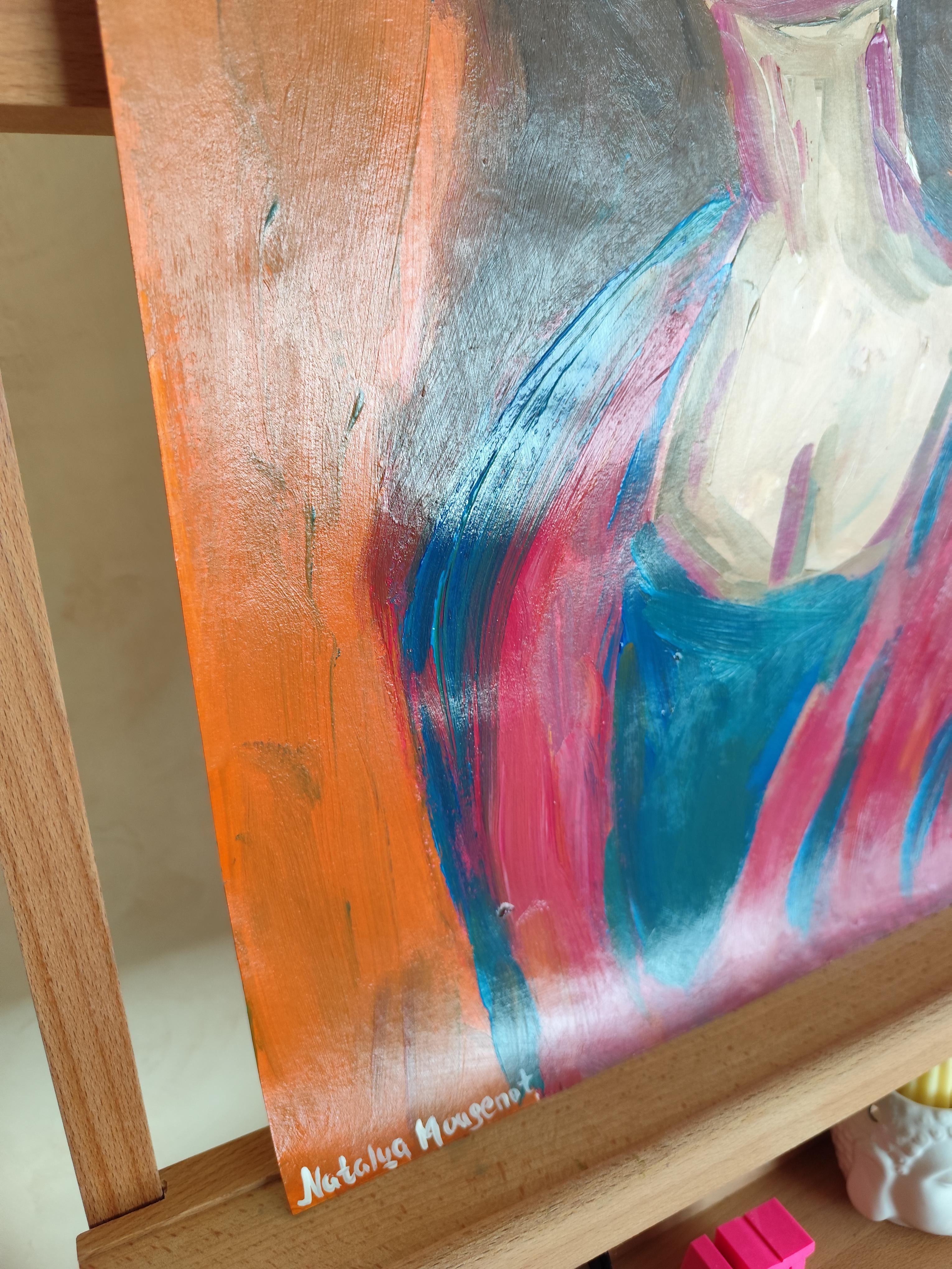 Arte figurativa contemporanea ritratto astratto di donna pittura acrilica su carta in vendita 4