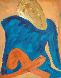 Pintura acrílica figurativa abstracta sobre papel  "Mujer con vestido turquesa"