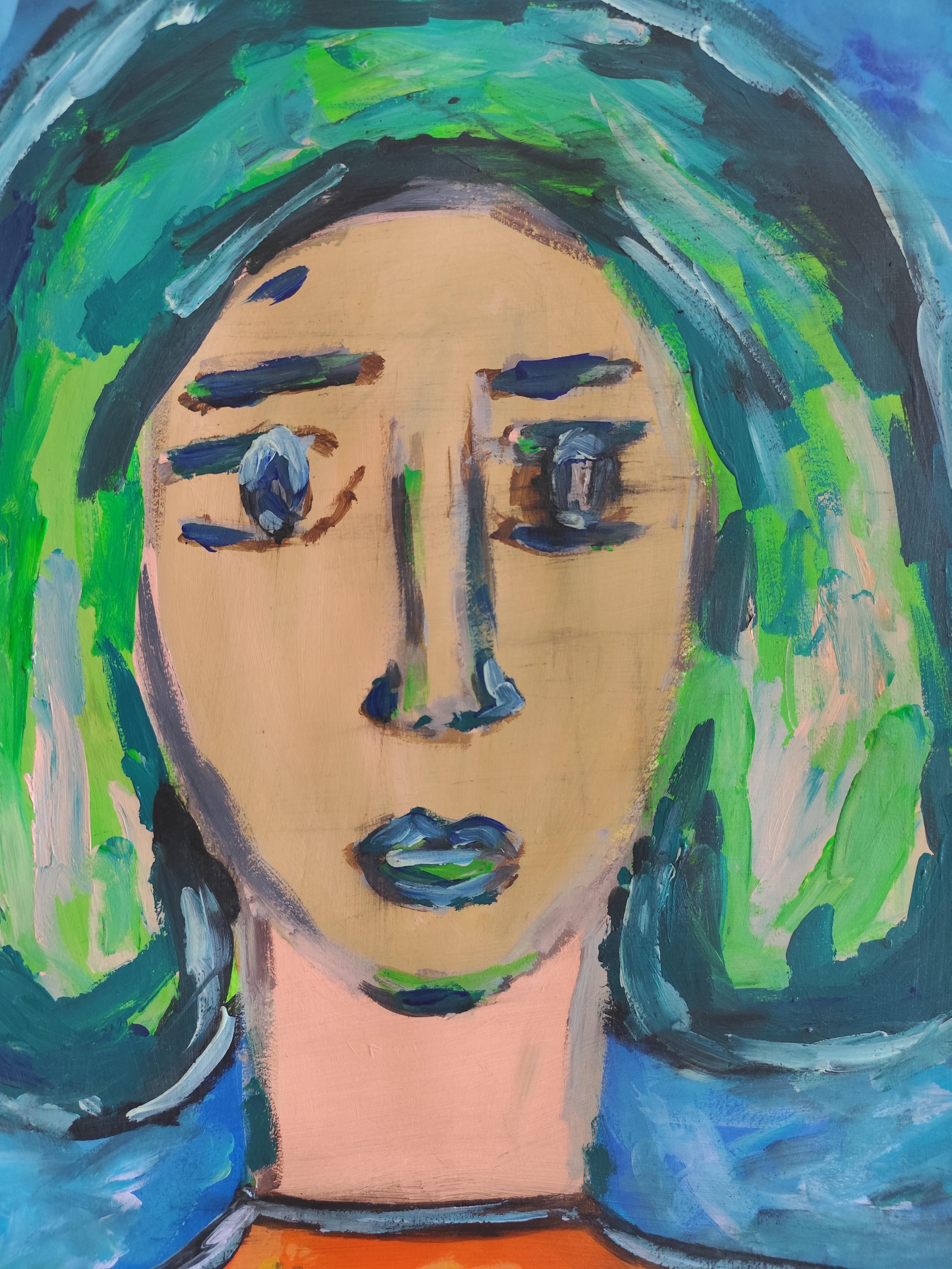 Zeitgenössisches, abstraktes, expressionistisches, lebendiges Acrylporträt auf Papier 