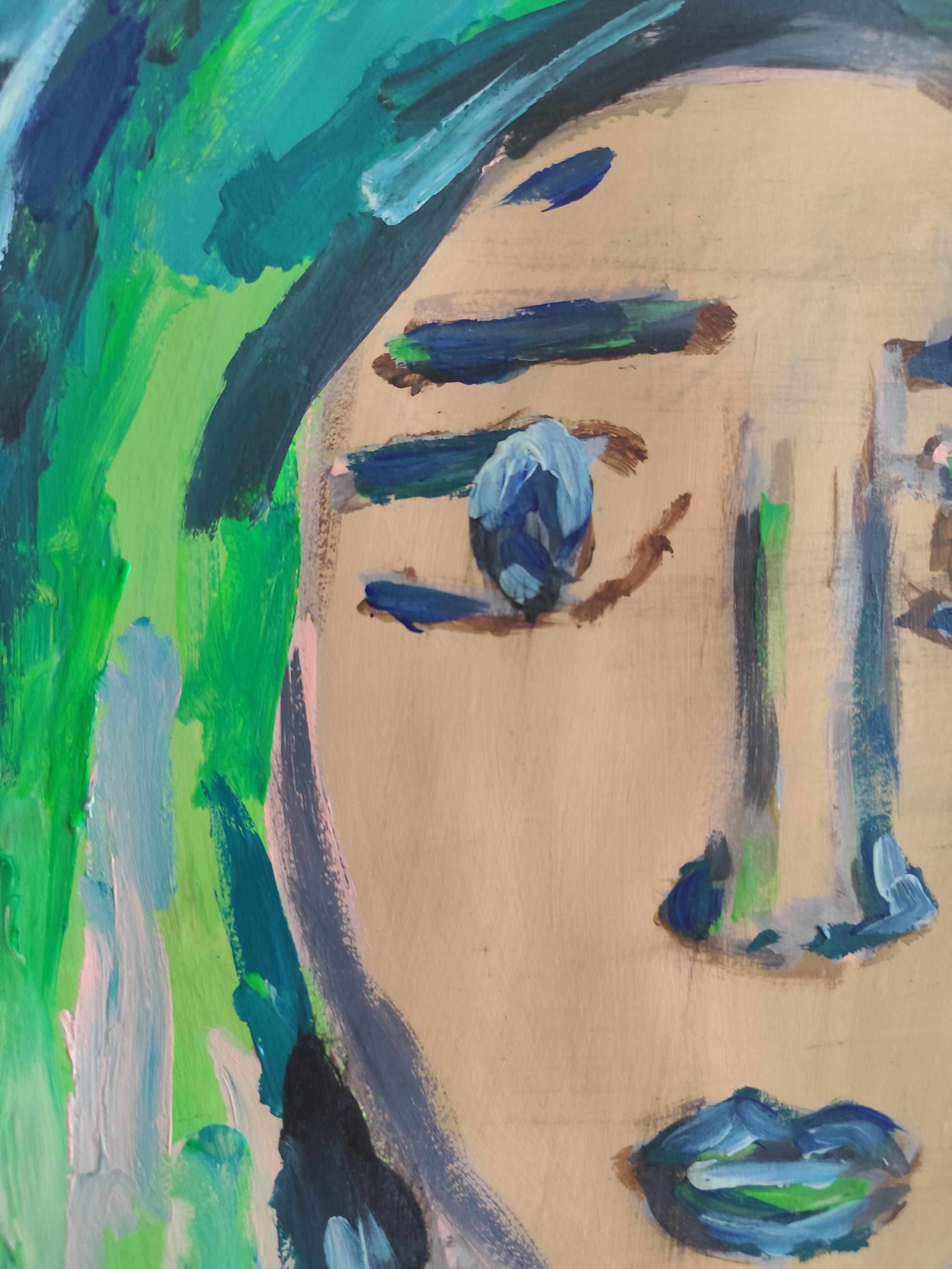 Zeitgenössisches, abstraktes, expressionistisches, lebendiges Acrylporträt auf Papier 