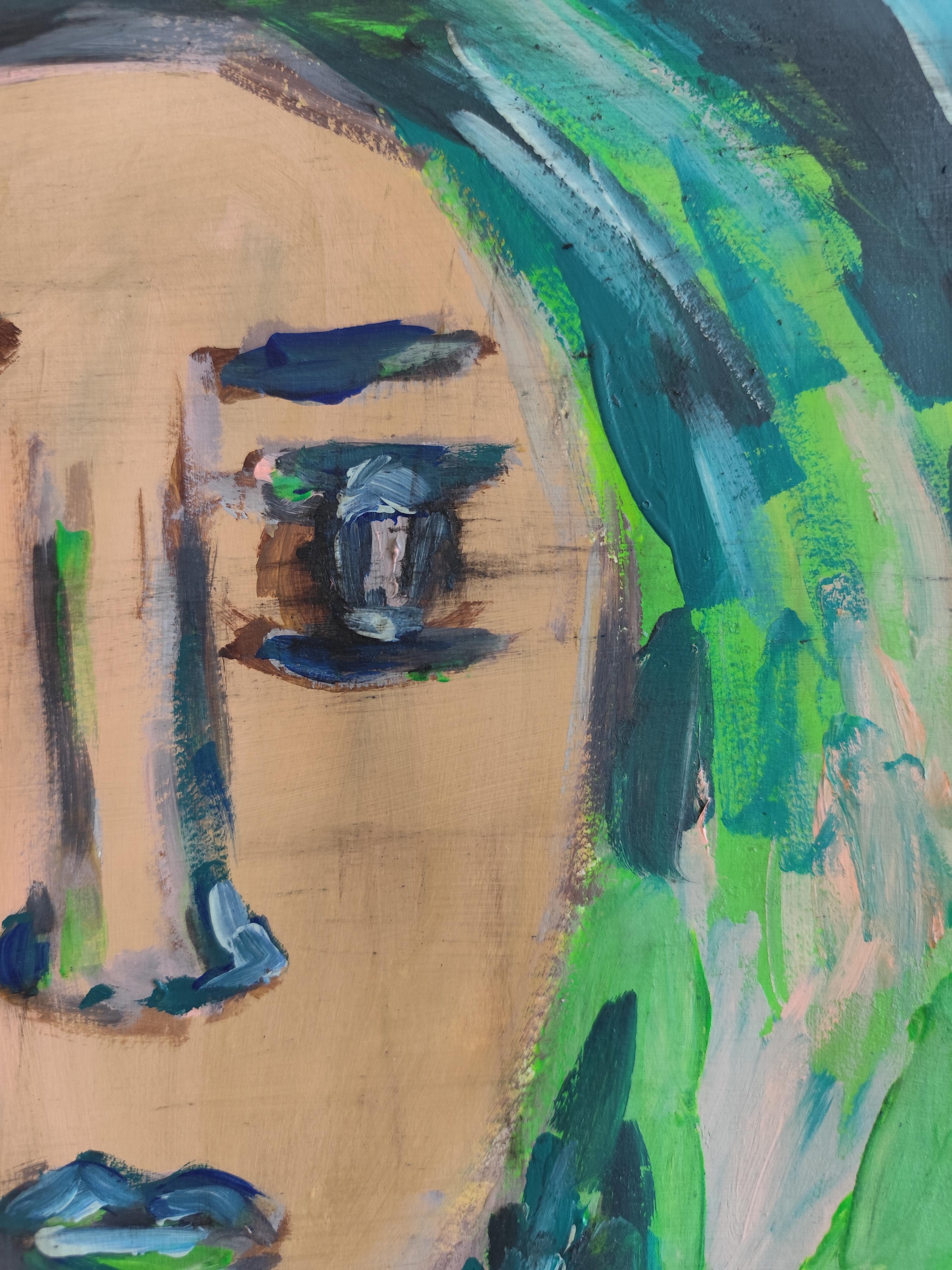 Zeitgenössisches, abstraktes, expressionistisches, lebendiges Acrylporträt auf Papier 