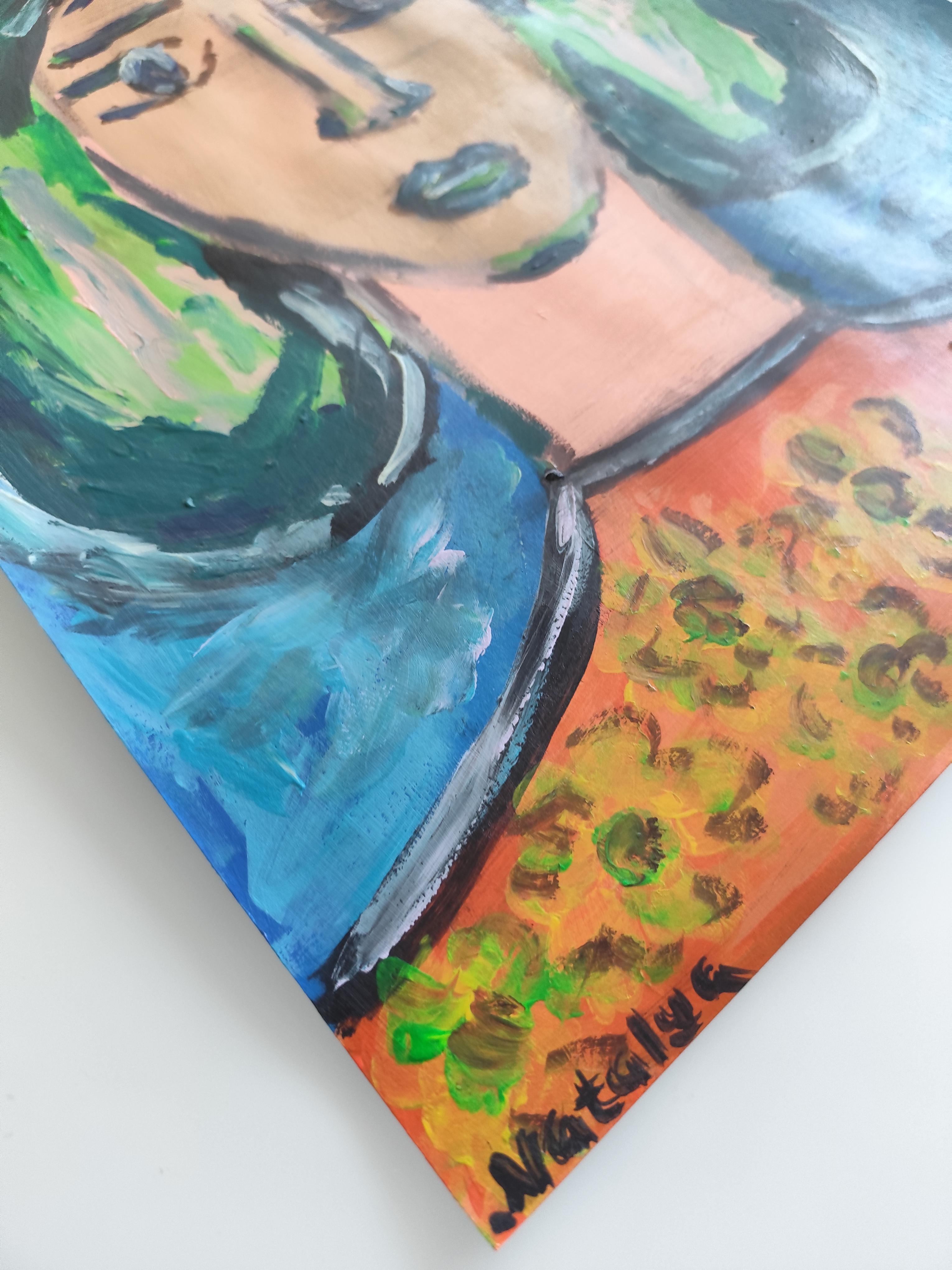 Zeitgenössisches, abstraktes, expressionistisches, lebendiges Acrylporträt auf Papier 