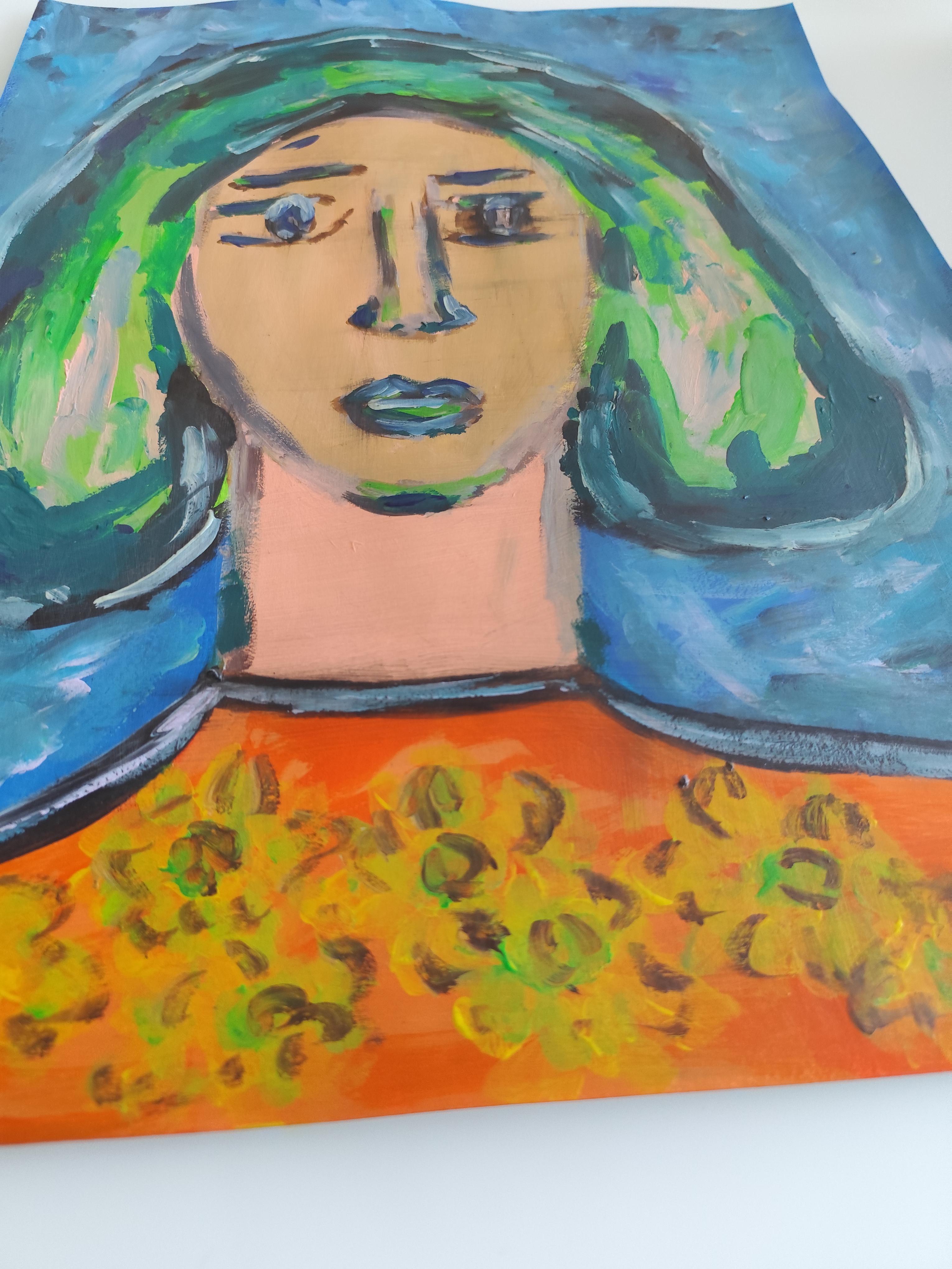 Zeitgenössisches, abstraktes, expressionistisches, lebendiges Acrylporträt auf Papier 
