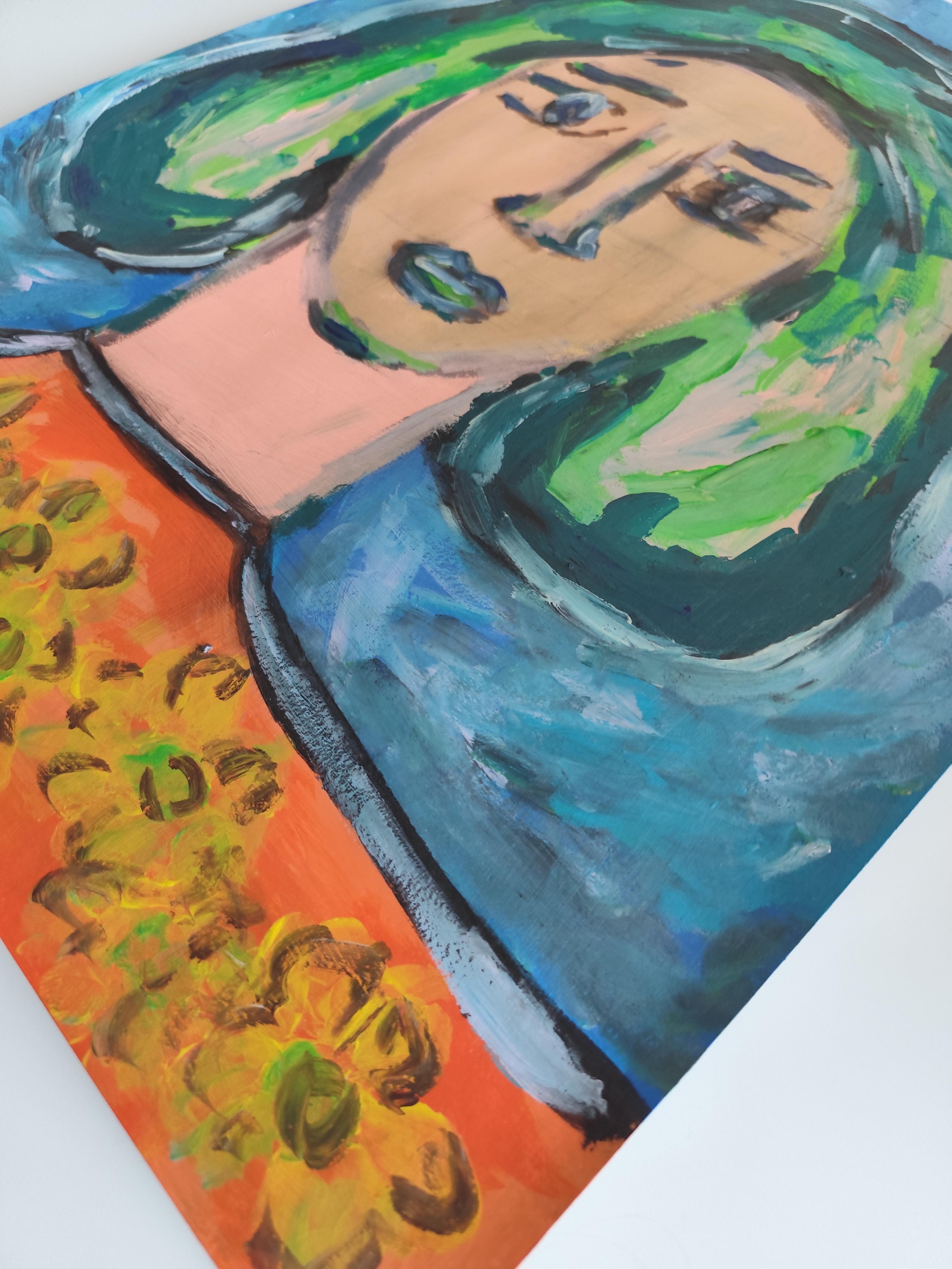Zeitgenössisches, abstraktes, expressionistisches, lebendiges Acrylporträt auf Papier 