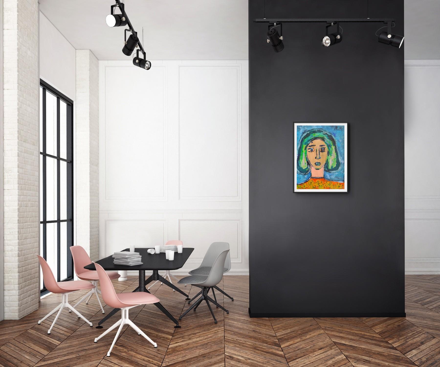 Zeitgenössisches, abstraktes, expressionistisches, lebendiges Acrylporträt auf Papier 