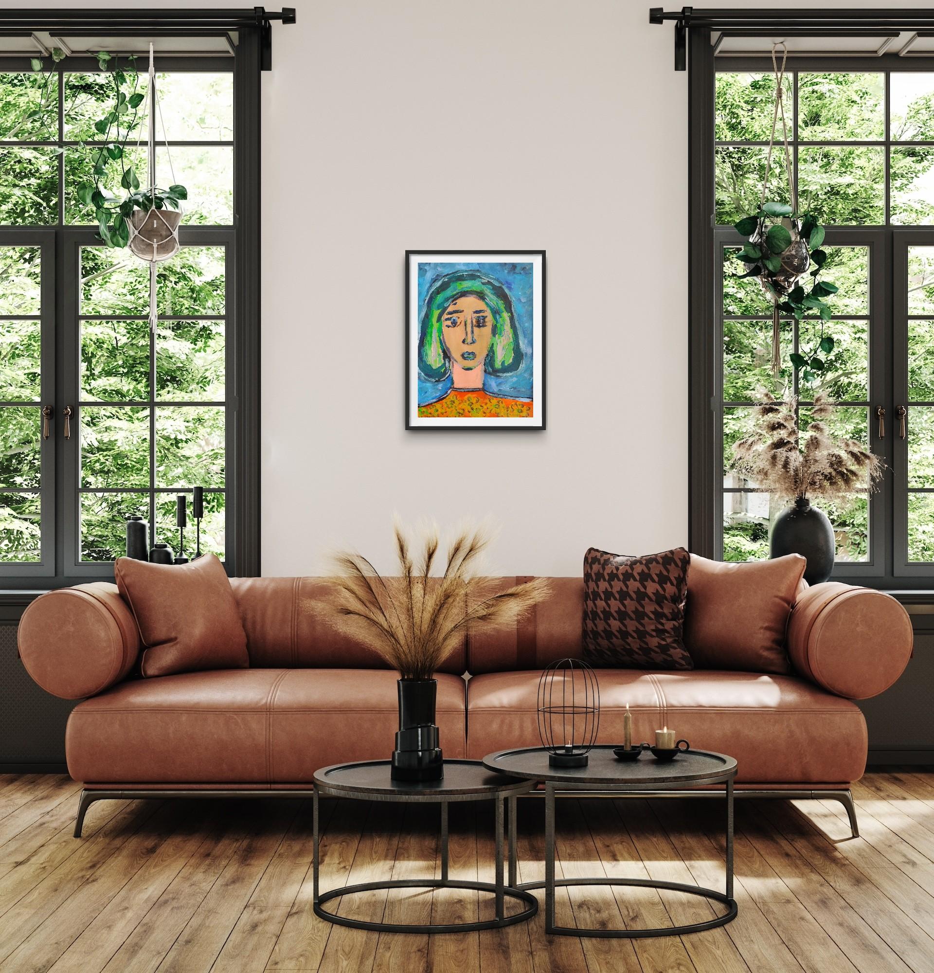 Zeitgenössisches, abstraktes, expressionistisches, lebendiges Acrylporträt auf Papier 