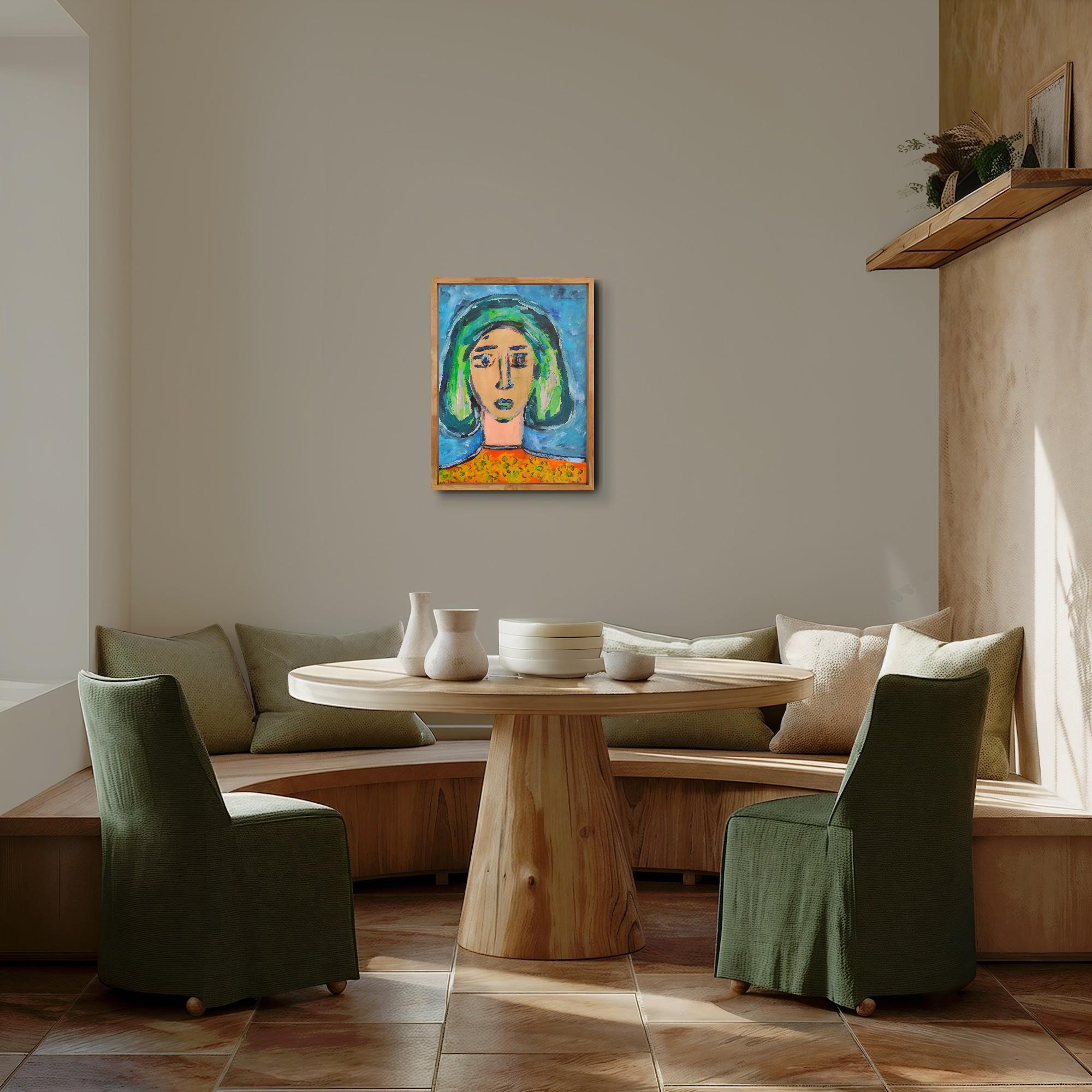 Zeitgenössisches, abstraktes, expressionistisches, lebendiges Acrylporträt auf Papier 