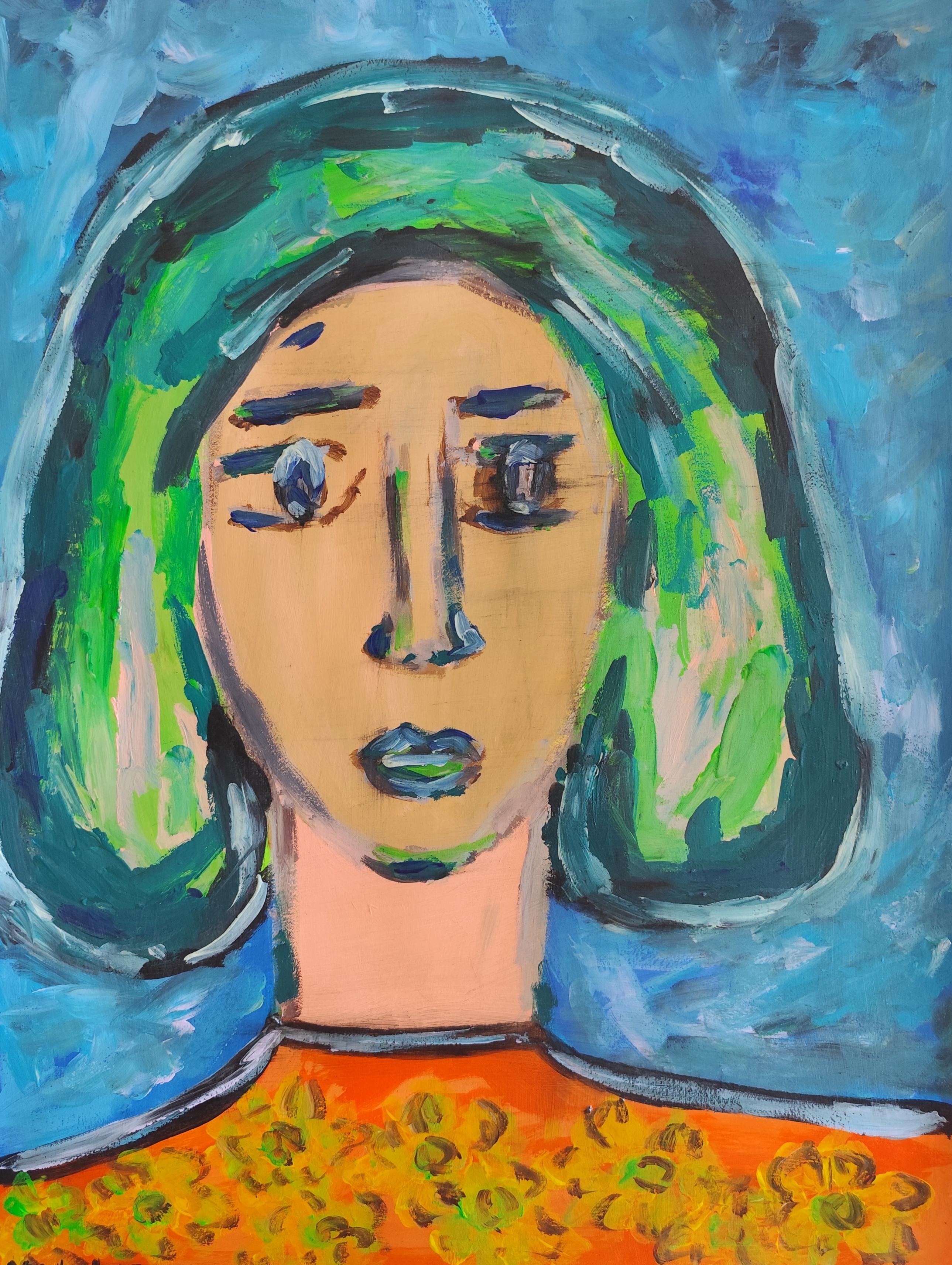Mougenot Natalya Figurative Painting – Zeitgenössisches, abstraktes, expressionistisches, lebendiges Acrylporträt auf Papier "Trueing self".