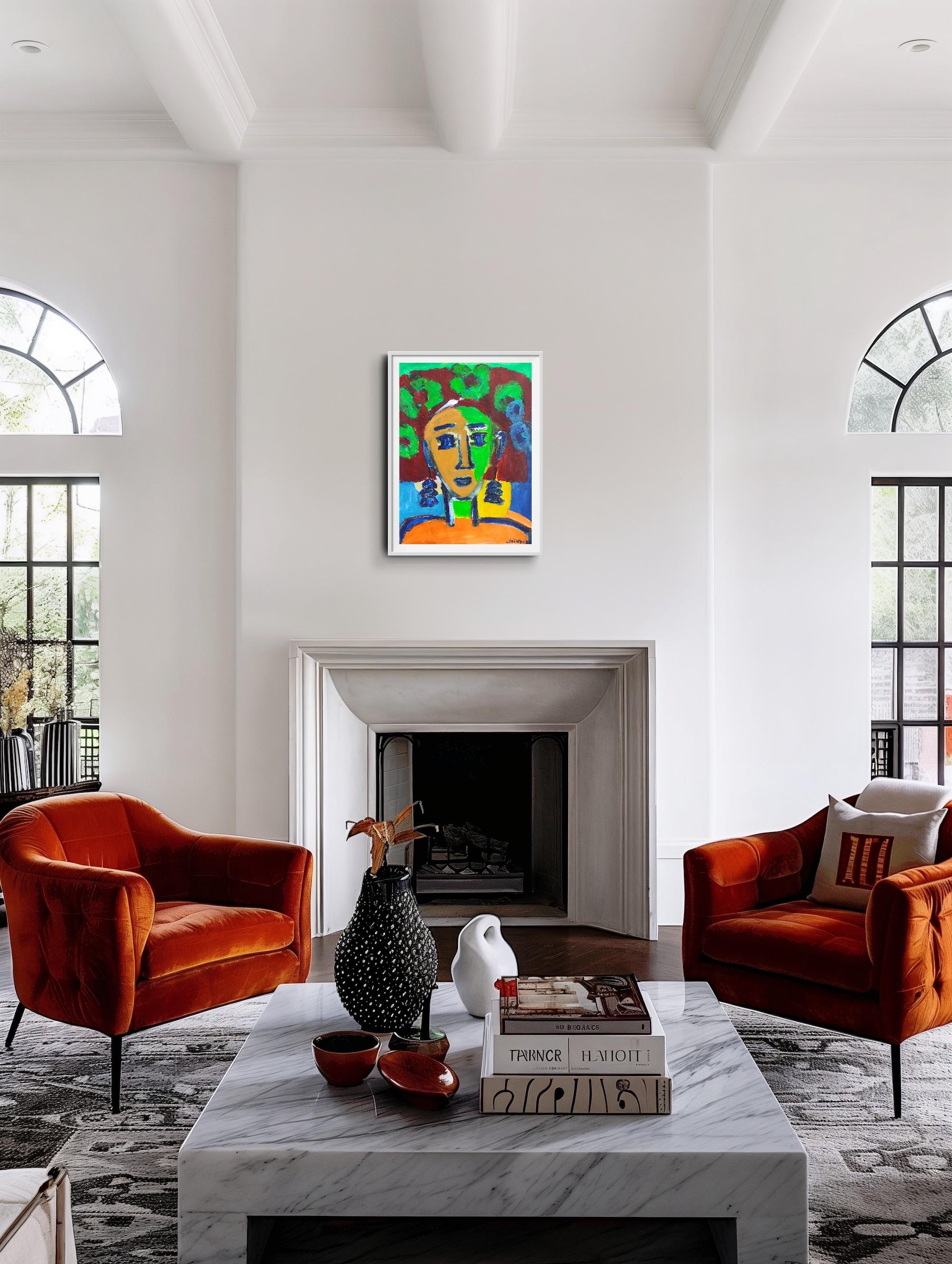 This contemporary expressionist portrait, infused with elements of Fauvism, Post-Impressionism, and Modern Naïve Art, was created by French artist Natalya Mougenot and forms part of her ongoing series Portraits, in which she explores the theme of