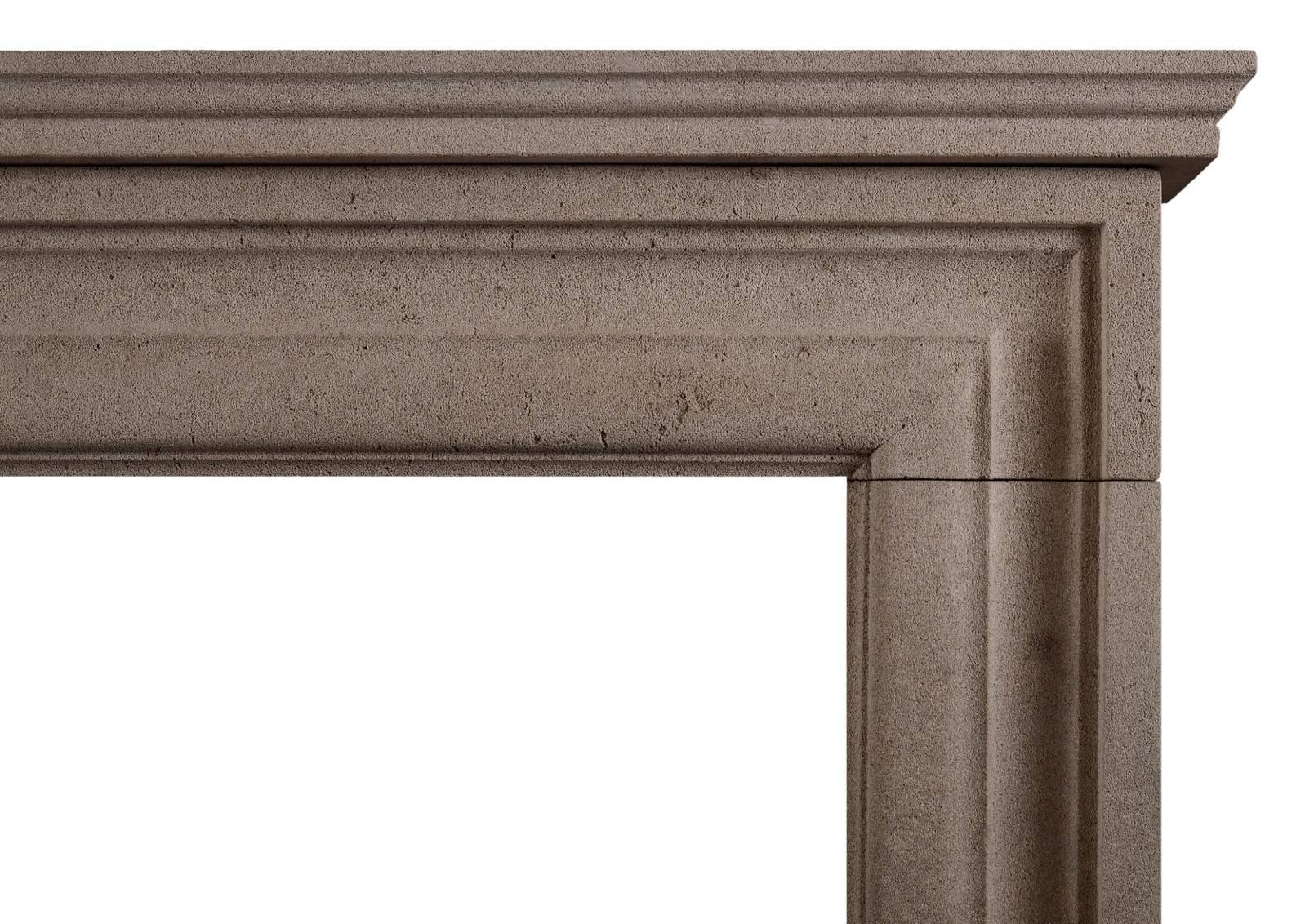 A small bolection fireplace in English bath stone. A scaled down version of a chimneypiece originally housed in the officer’s mess at Chelsea Barracks, London. Small-scale, suited for a smaller study or bedroom. Modern.


Measures:
Shelf Width:	1220