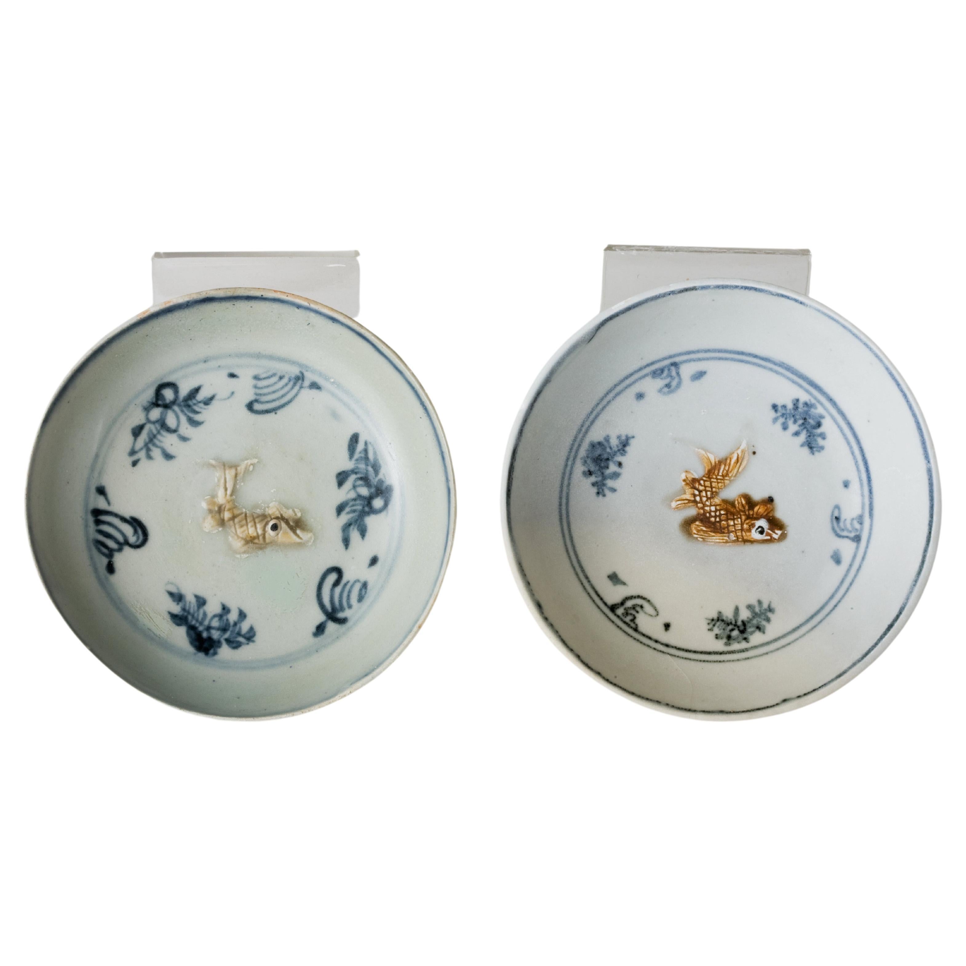 Moulded Goldfish Blue and White Dishes, Ming Dynasty For Sale