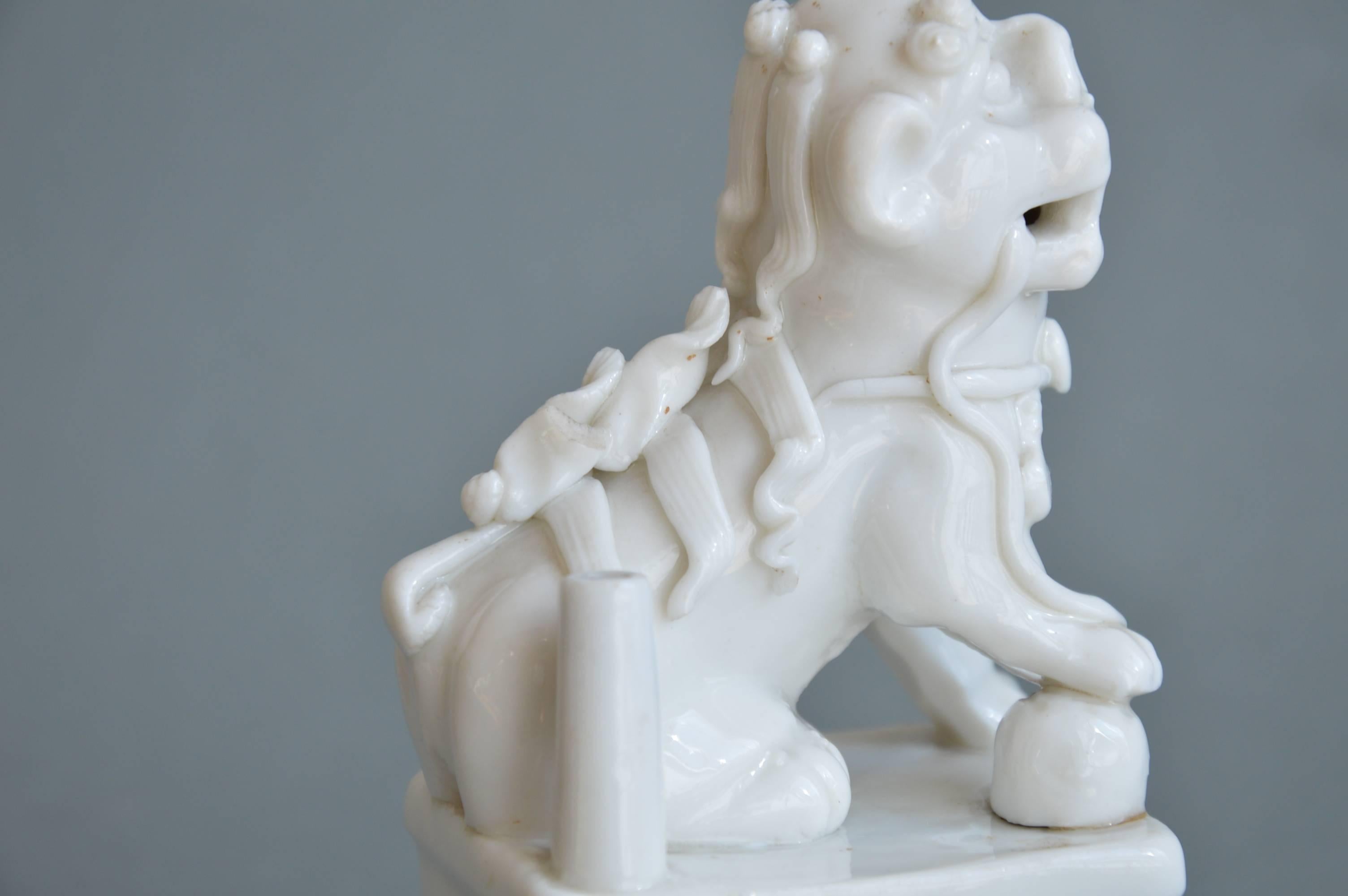 Moulded Miniature Blanc de Chine Porcelain Figurine of a Foo Lion Kangxi 1