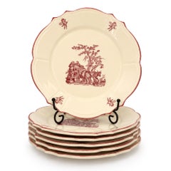 Moulin des Loups Dessert Plates Set, Red Transferware, 1950