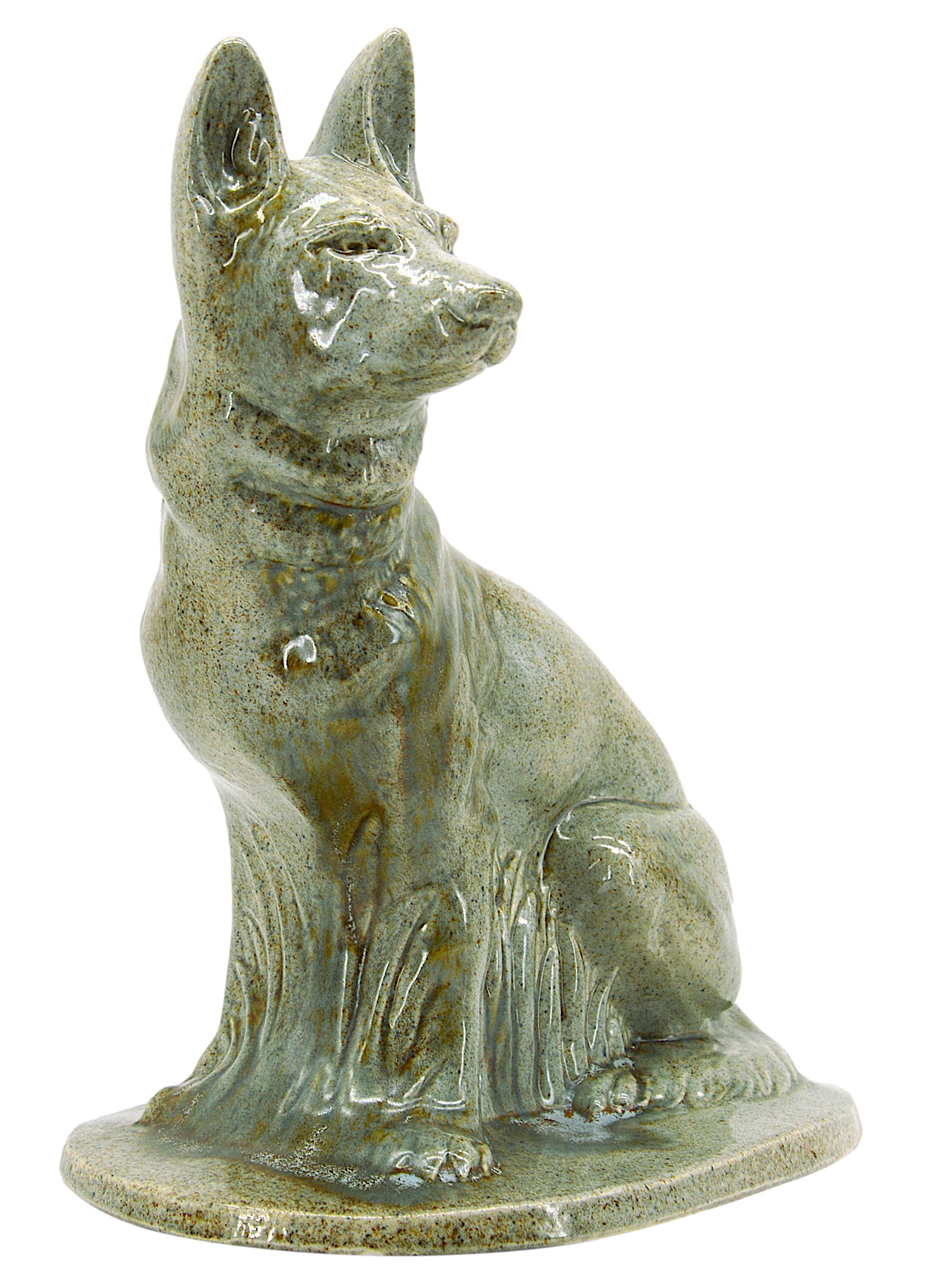 French Art Deco ceramic German shepherd statue by Moulin-des-Loups (Orchies), France, ca.1930. Measures: Height: 11.6
