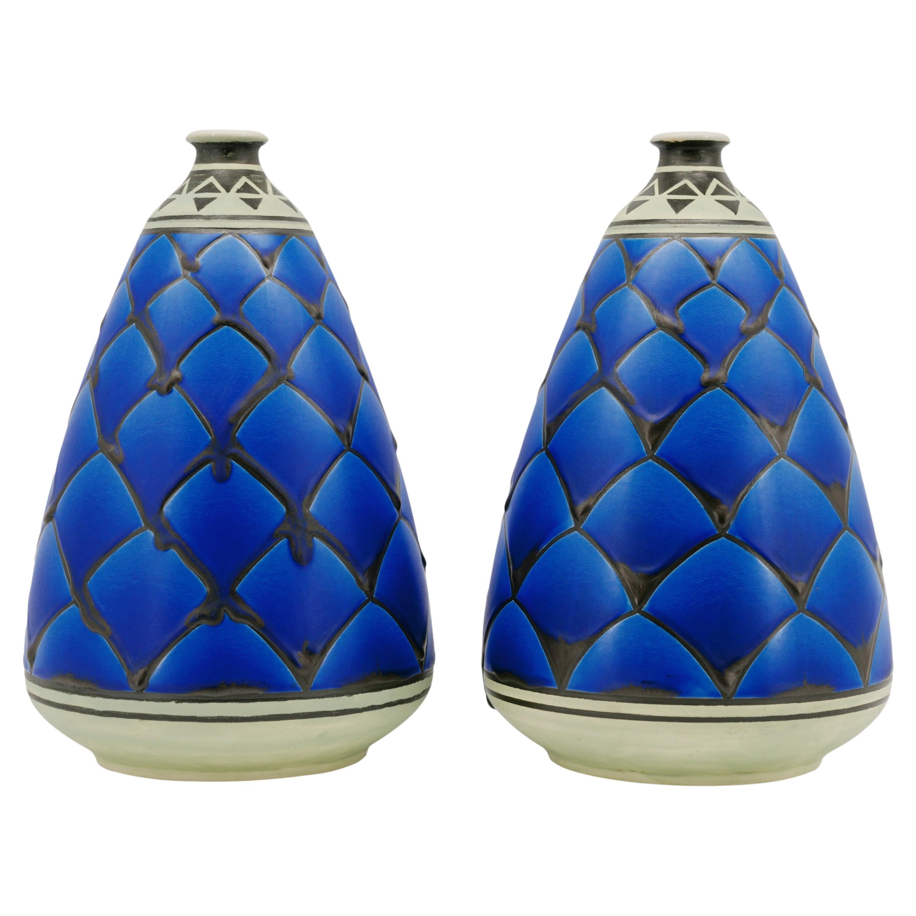 Moulin-des-Loups, Orchies, French Art Deco Ceramic Pair of Vases, 1930s For Sale