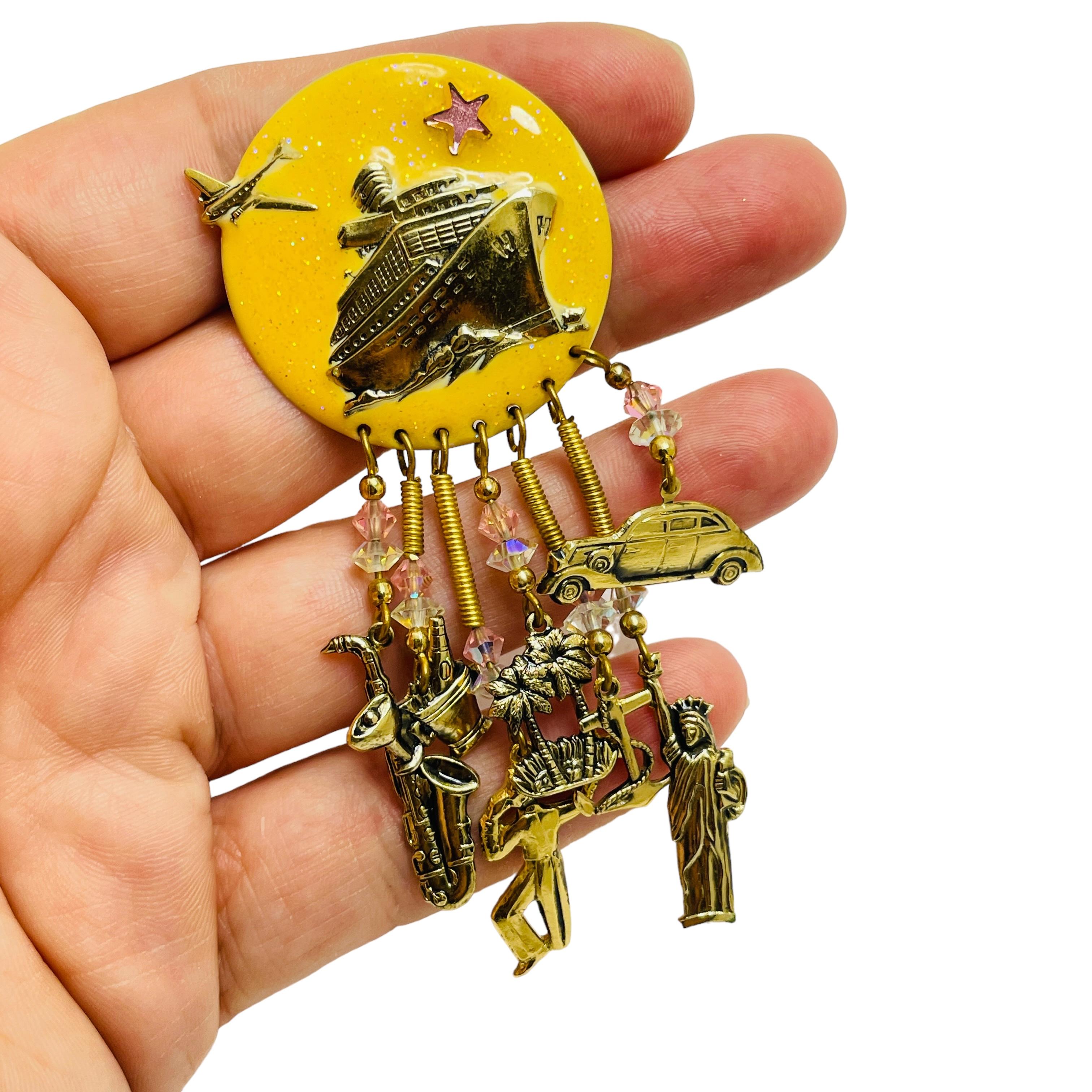 Women's MOULIN ROUGE signed vintage gold enamel rhinestone designer brooch For Sale
