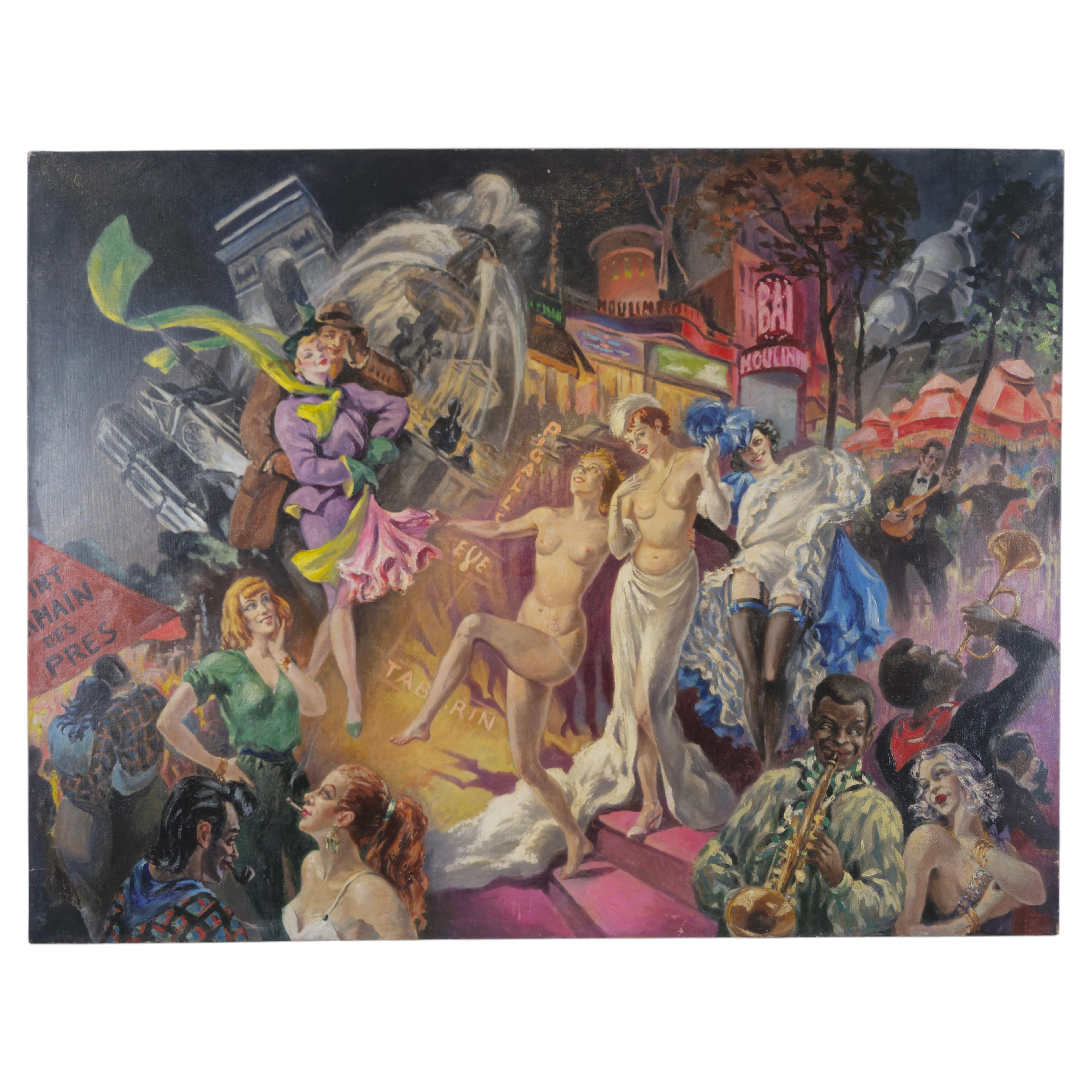 „Moulin Rouge“ – Lebendige Pariser Nachtleben-Szene von François Batet (1921–2015) im Angebot