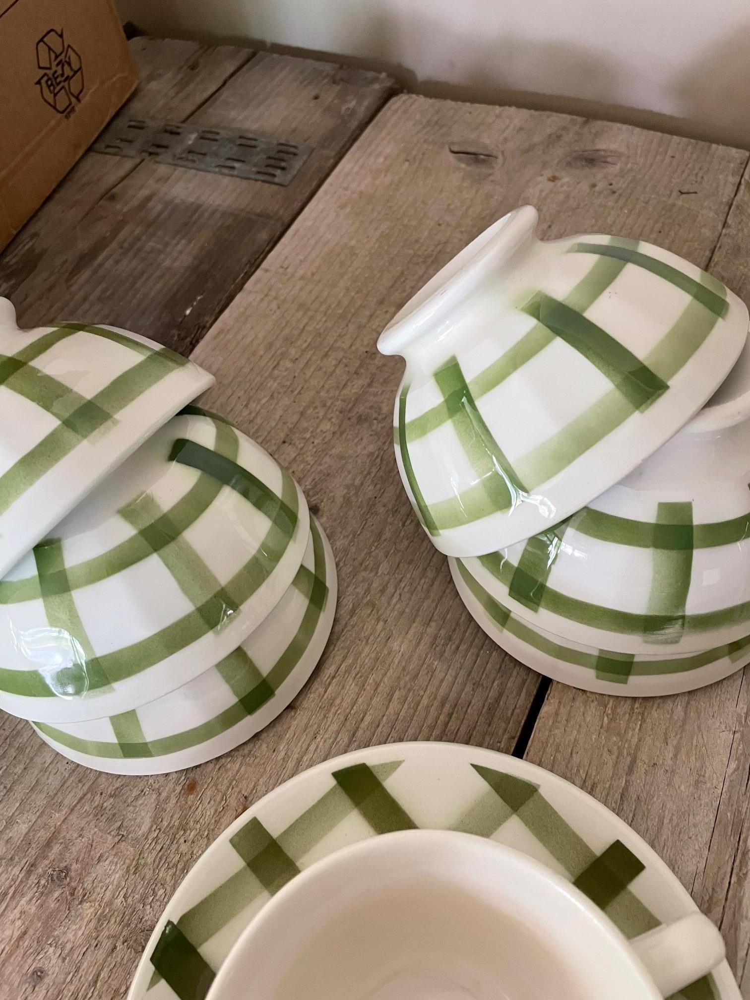 Mid-20th Century Moulins des Loups style green gingham earthenware bowl set For Sale