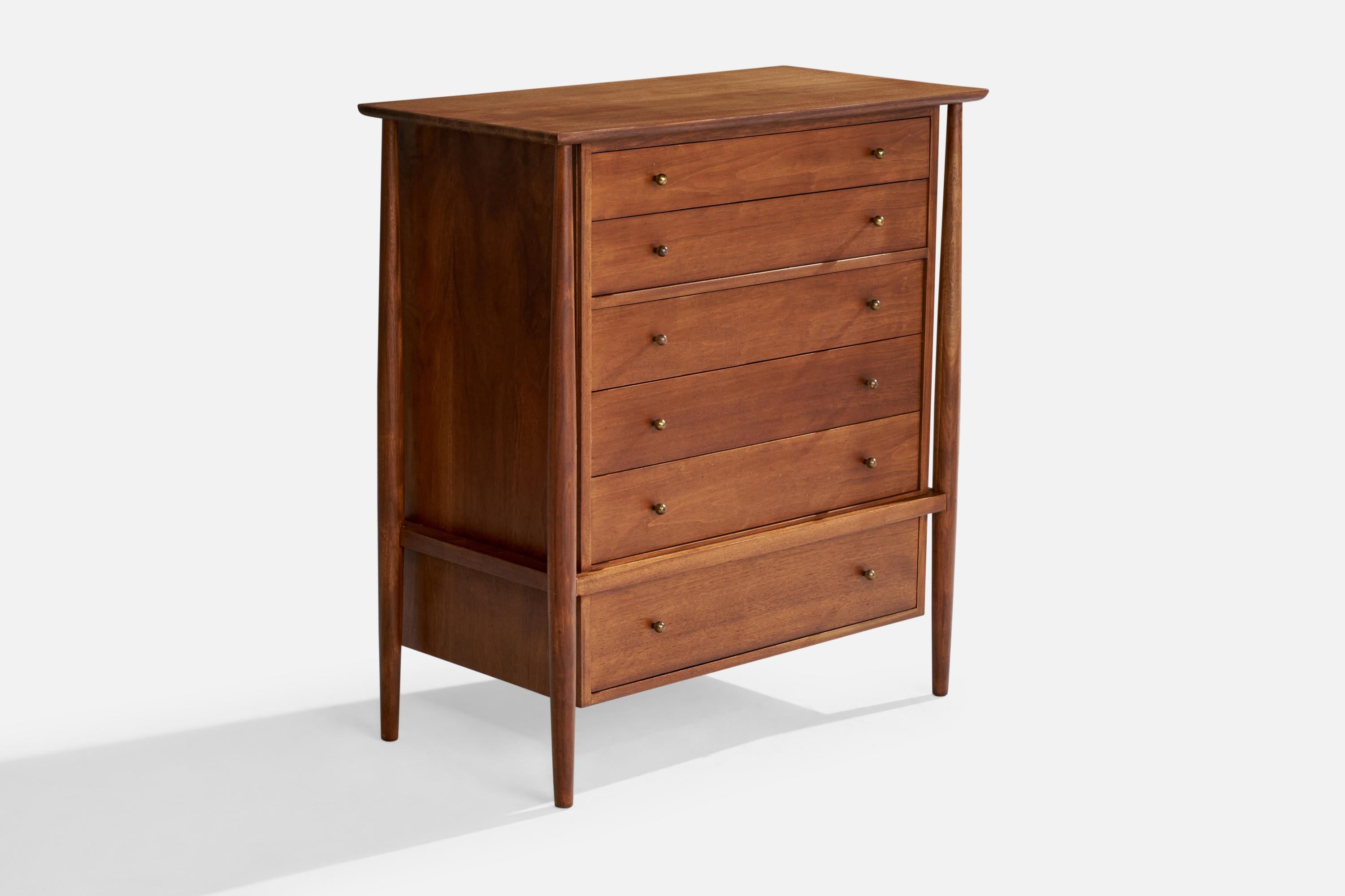 A walnut and brass chest of drawers designed and produced by Mount Airy, USA, 1950s.

Dimensions: 43.2” H x 38.9” W x 20” D