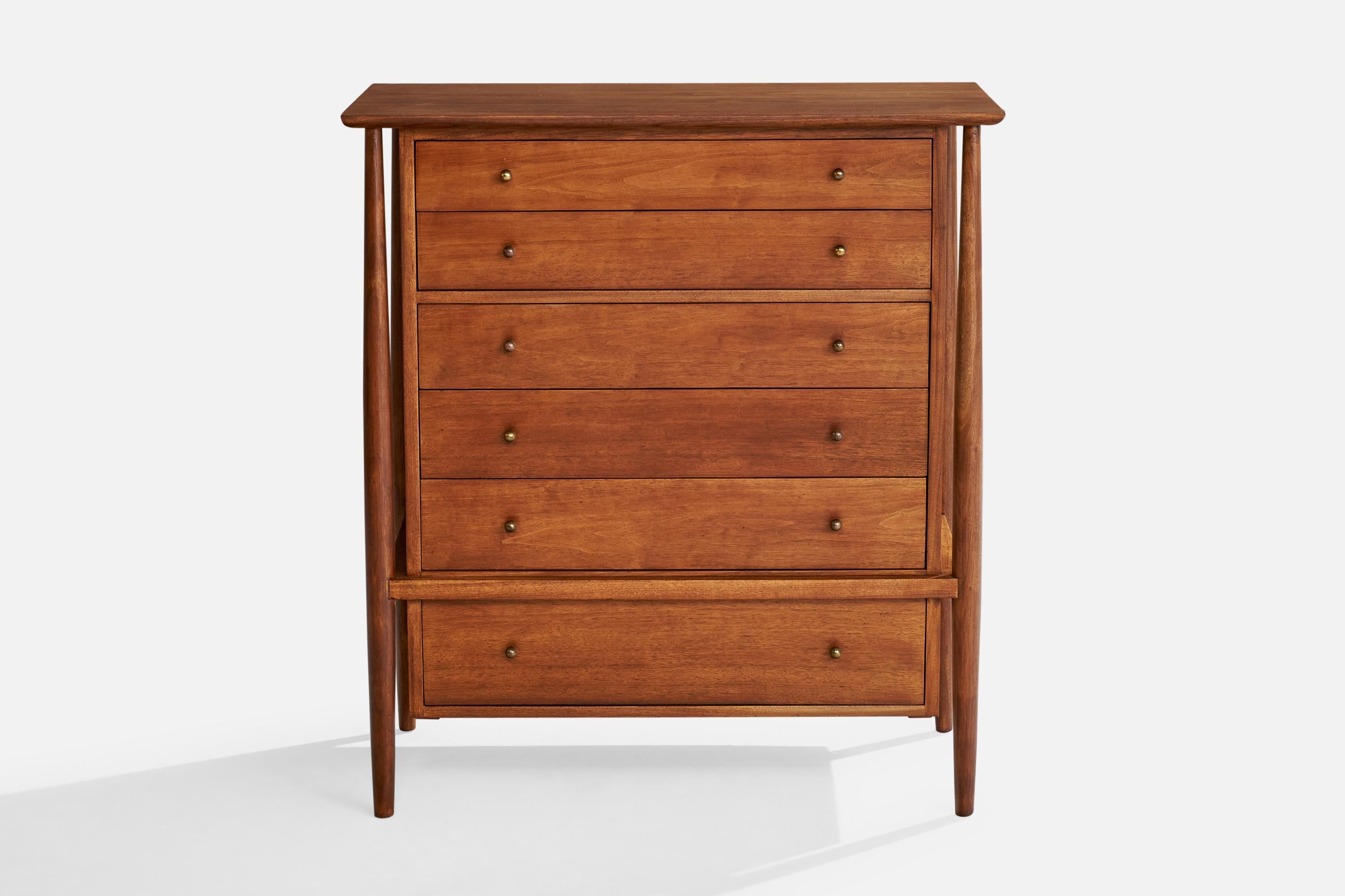 Mid-Century Modern Mount Airy, Chest of Drawers, Walnut, Brass, USA, 1950s For Sale