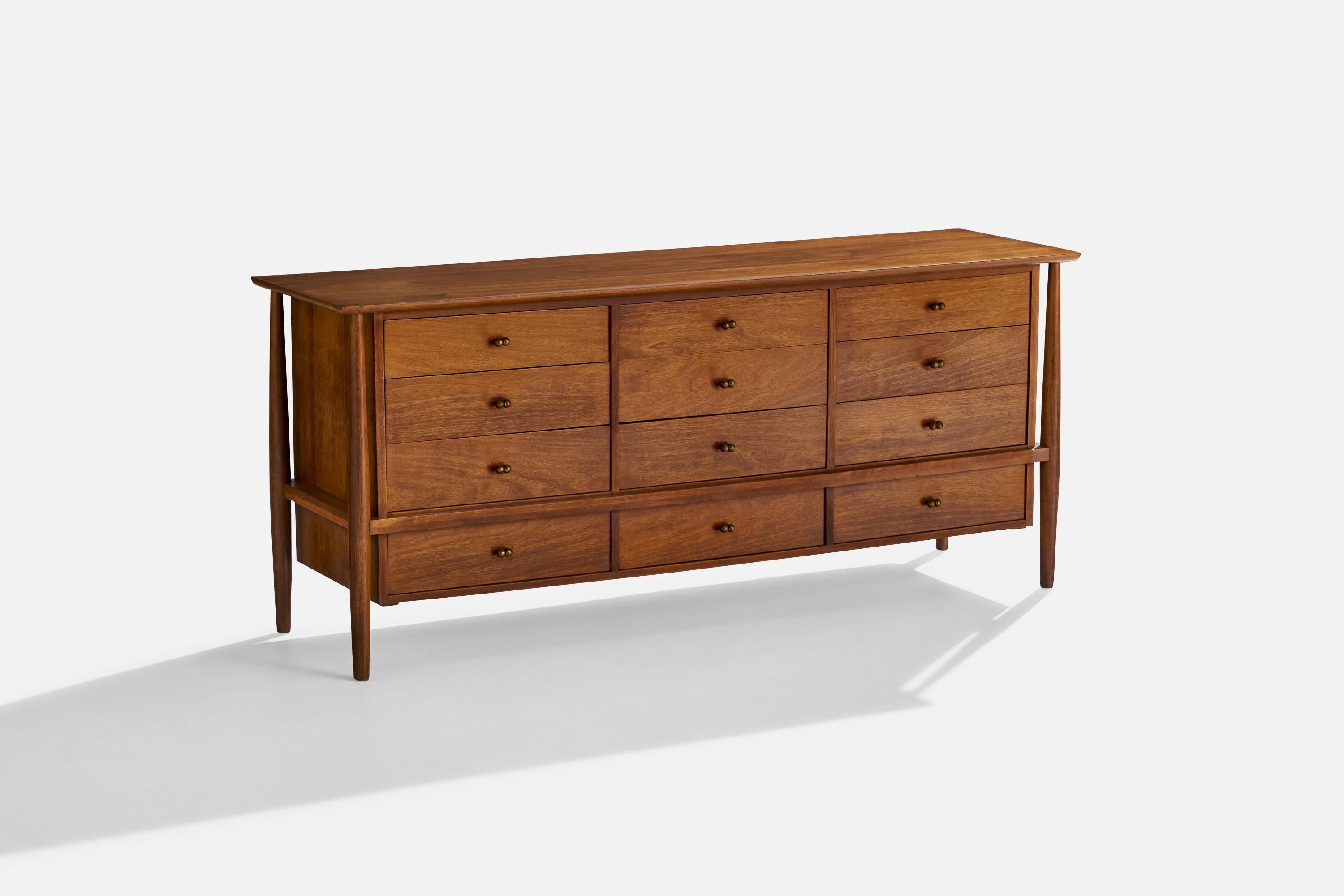 A walnut and brass dresser designed and produced by Mount Airy, USA, 1950s.