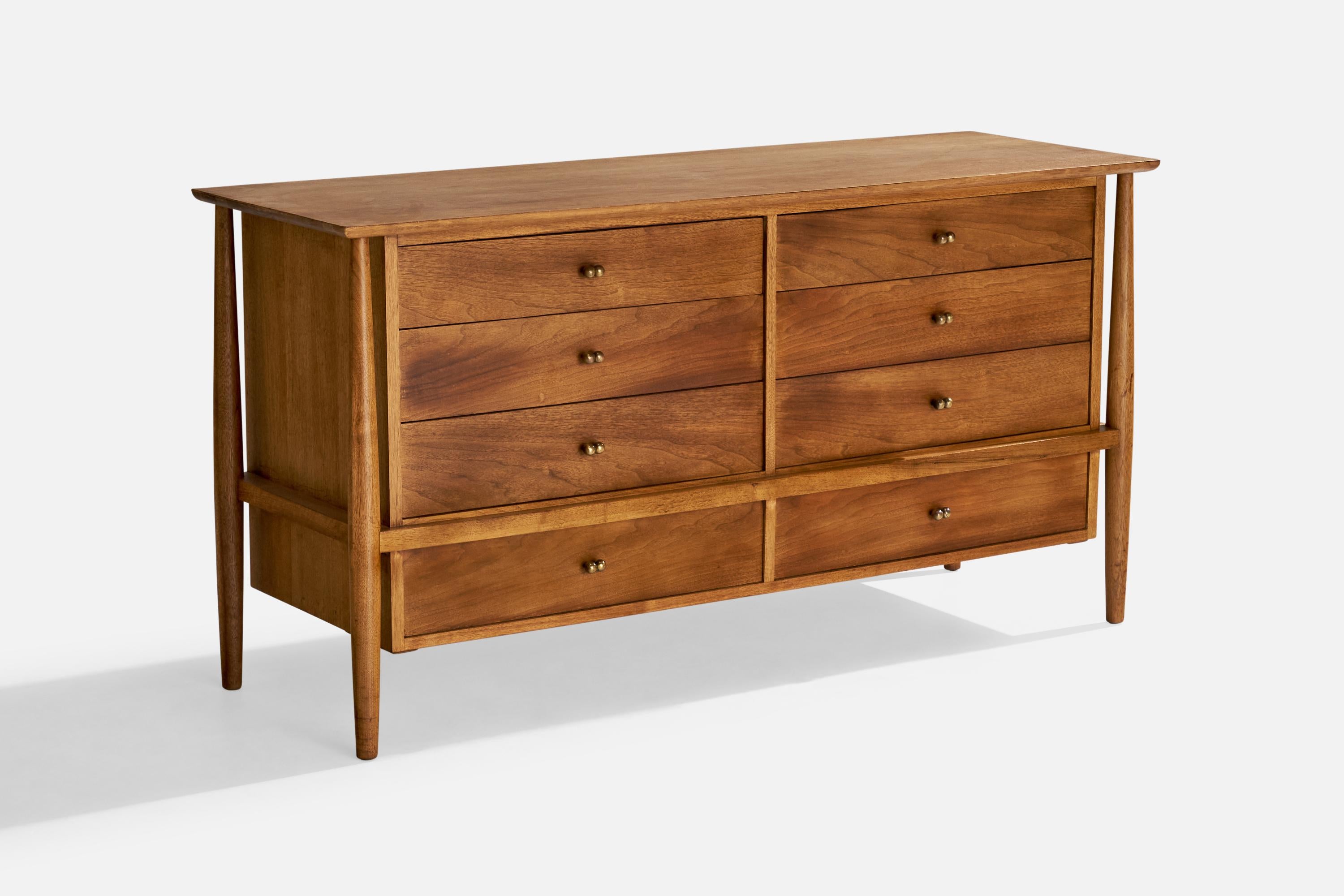 A walnut and brass dresser designed and produced by Mount Airy, USA, 1950s.

Dimensions: 31.4” H x 60” W x 20.2” D