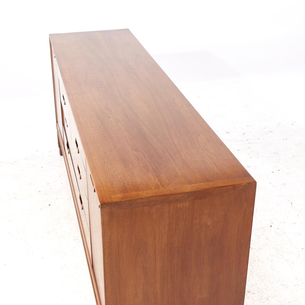 Late 20th Century Mount Airy Janus Mid Century Walnut 14 Drawer Lowboy Dresser For Sale