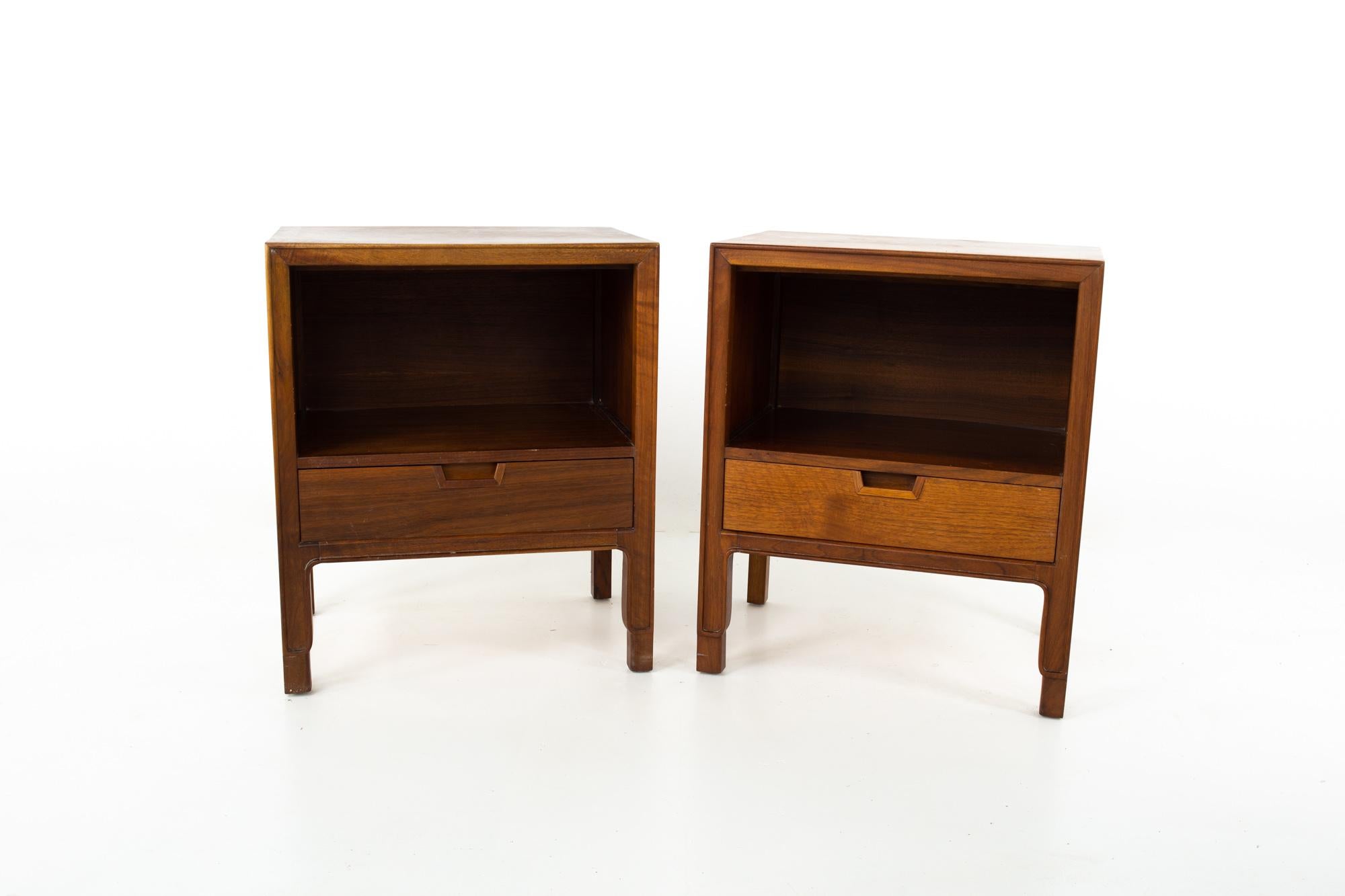 Mount Airy Janus Mid Century walnut nightstands, pair
Each nightstand measures: 21 wide x 15 deep x 25 inches high

This price includes getting this piece in what we call restored vintage condition. That means the piece is permanently fixed upon