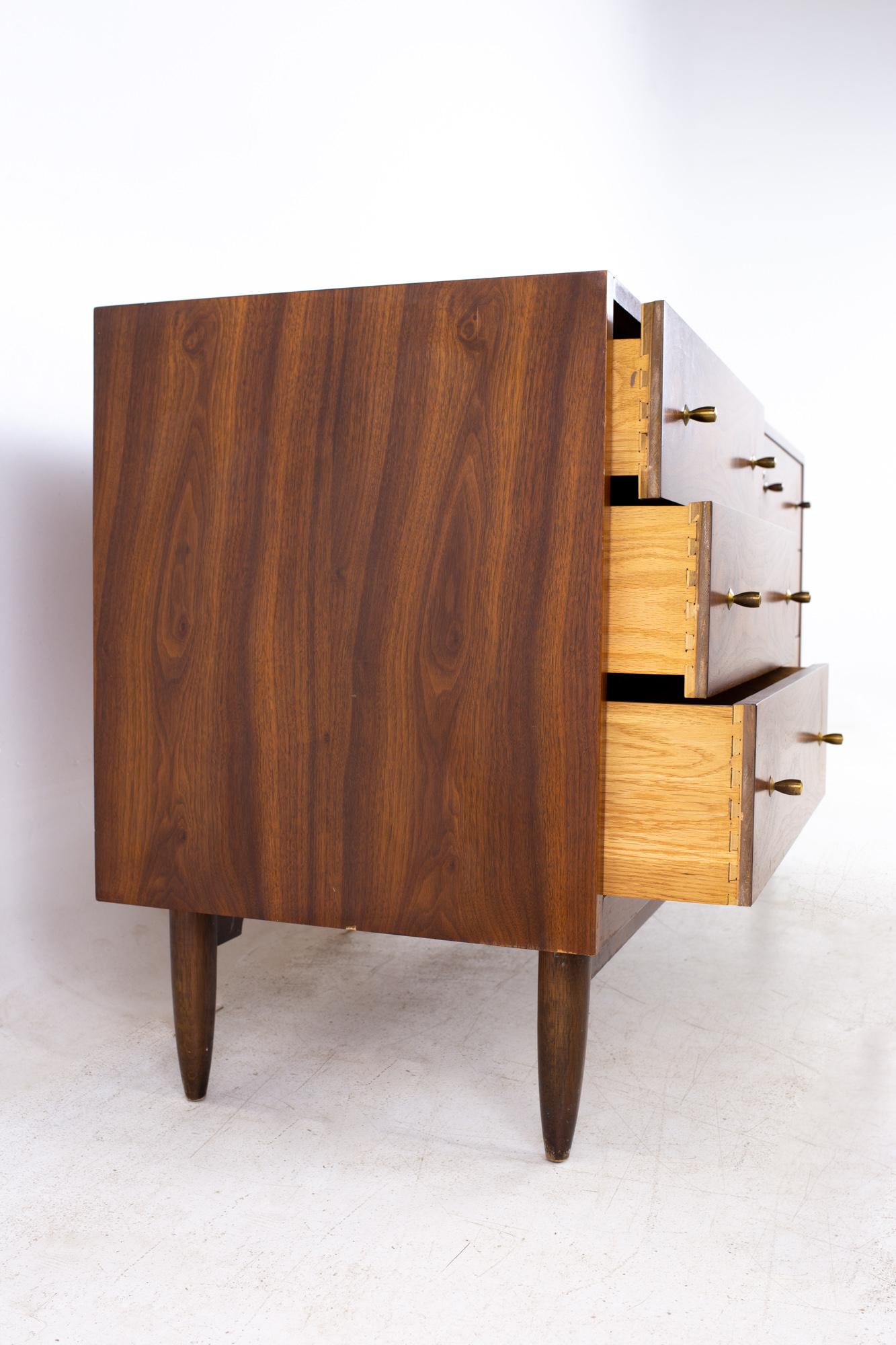 Mid-Century Modern Mount Airy Mid Century Walnut and Brass 9 Drawer Lowboy Dresser