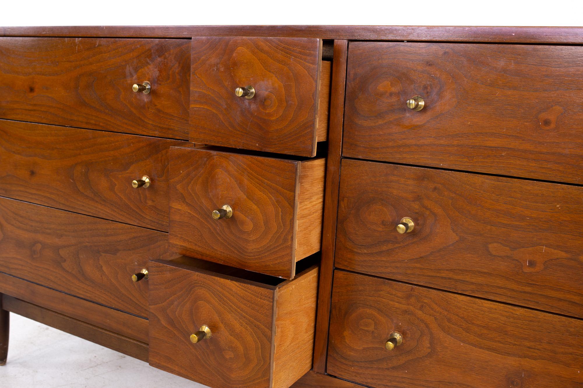 Mount Airy Mid Century Walnut and Brass 9 Drawer Lowboy Dresser 1