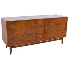 Mount Airy Mid Century Walnut and Brass 9 Drawer Lowboy Dresser